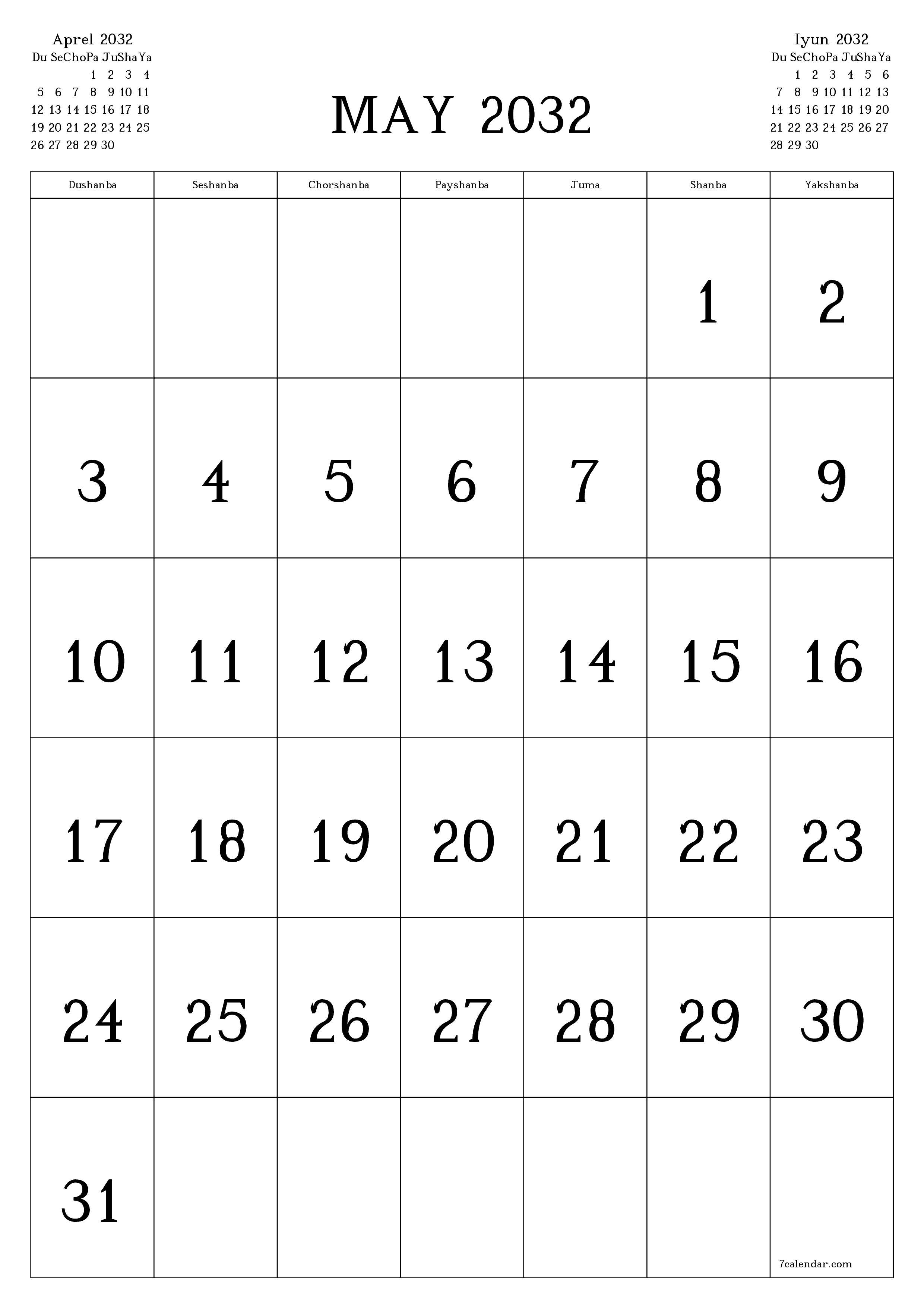 chop etiladigan devor taqvimi shabloni bepul vertikal Oylik kalendar May (May) 2032