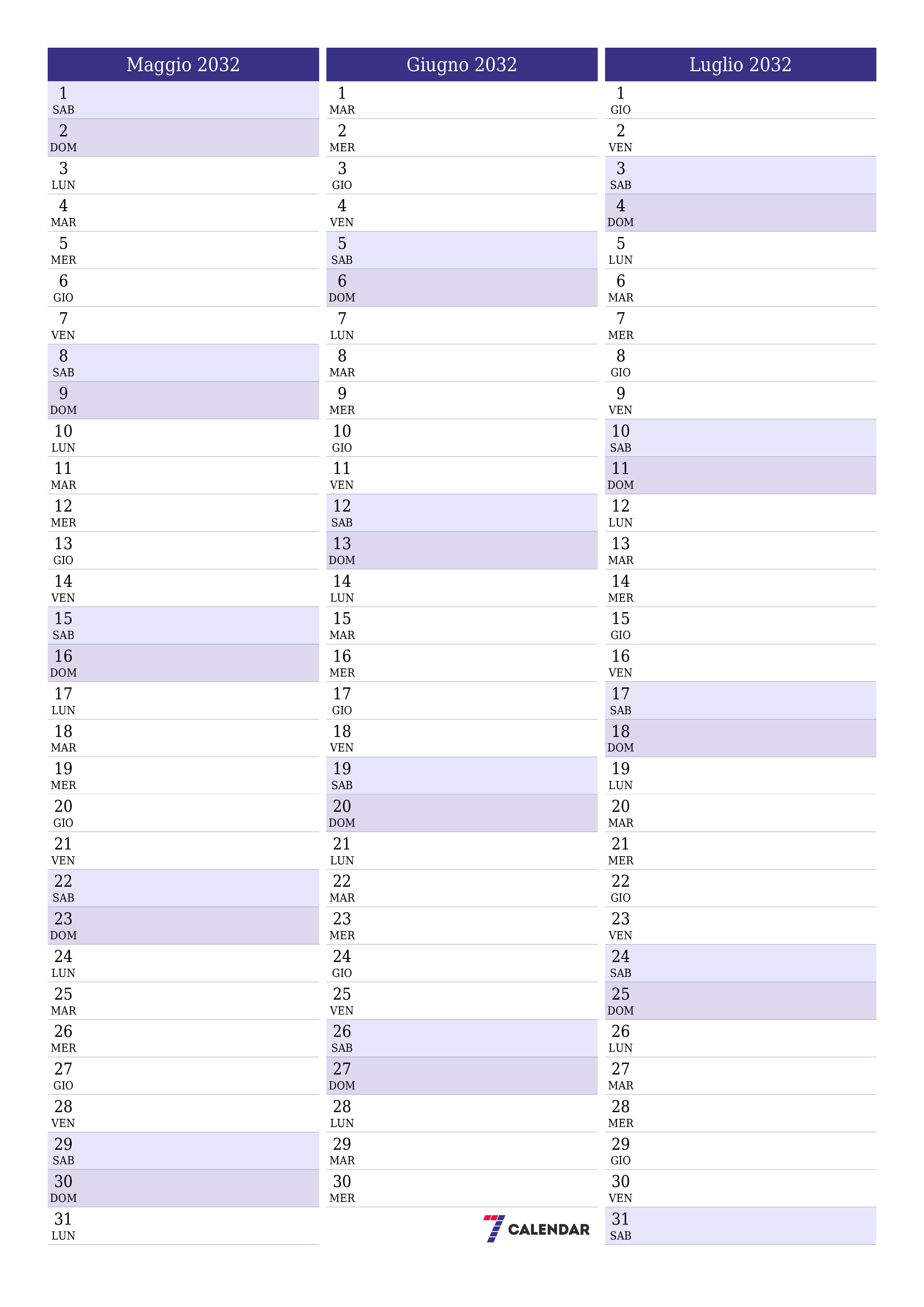  stampabile da parete modello di gratuitoverticale Mensile pianificatore calendario Maggio (Mag) 2032