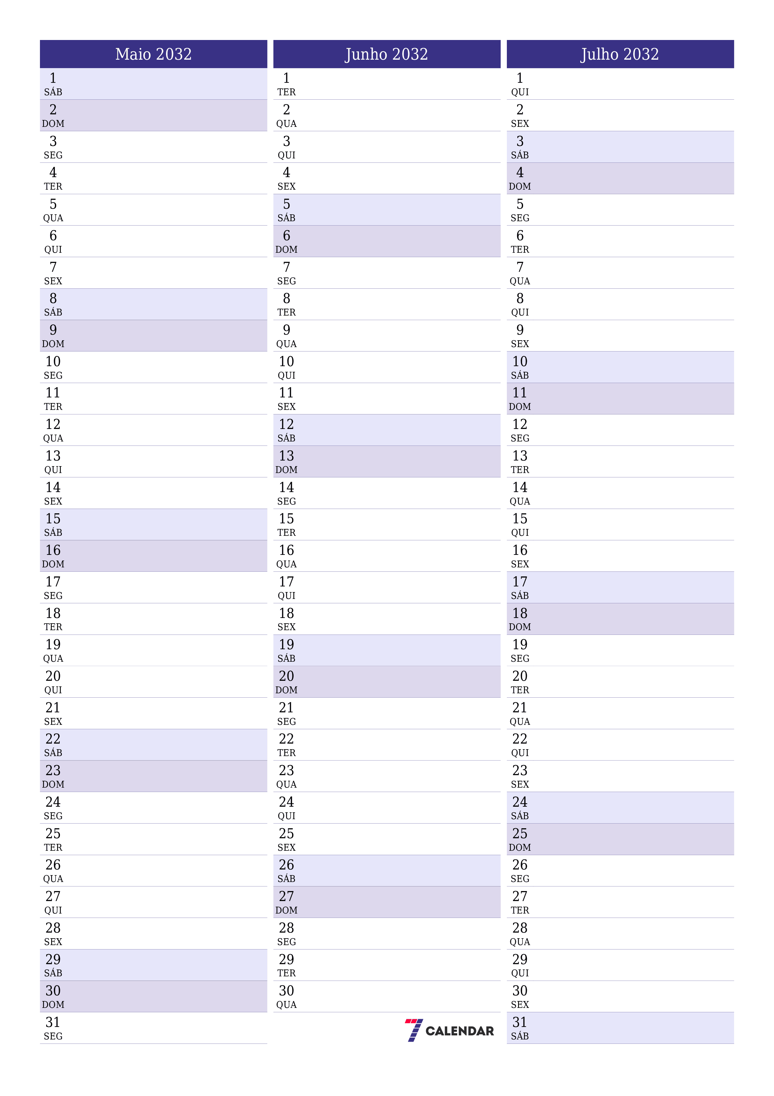  para impressão de parede modelo de grátisvertical Mensal planejador calendário Maio (Mai) 2032
