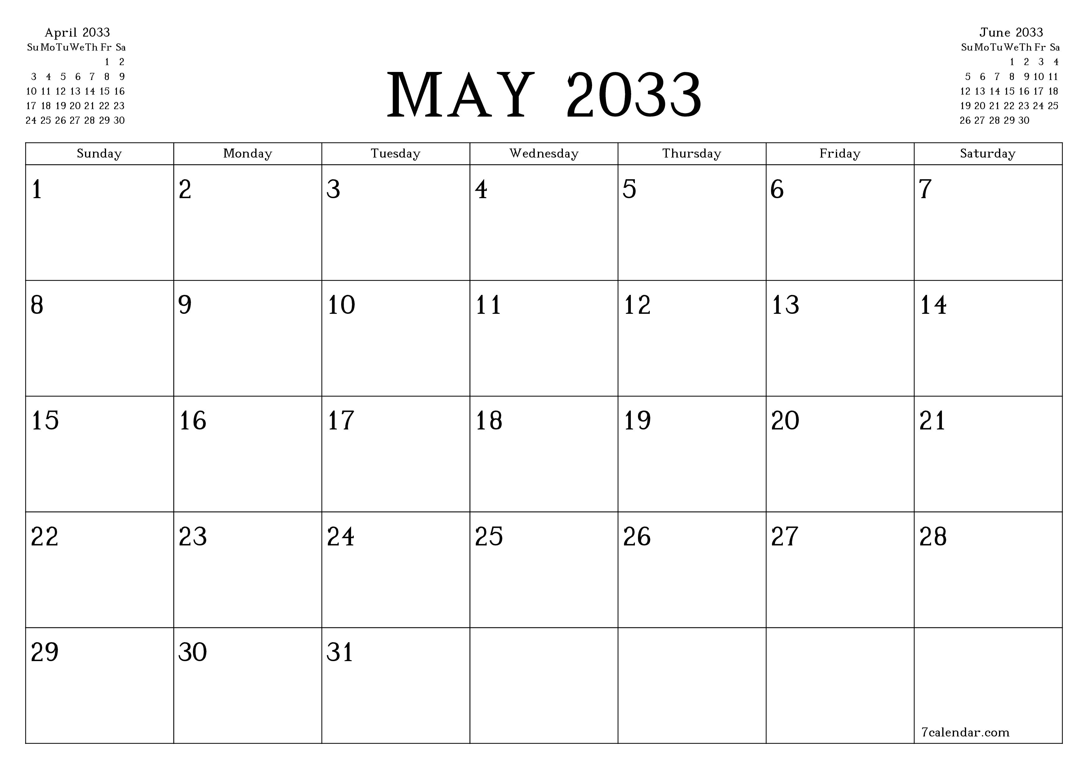 Blank calendar May 2033