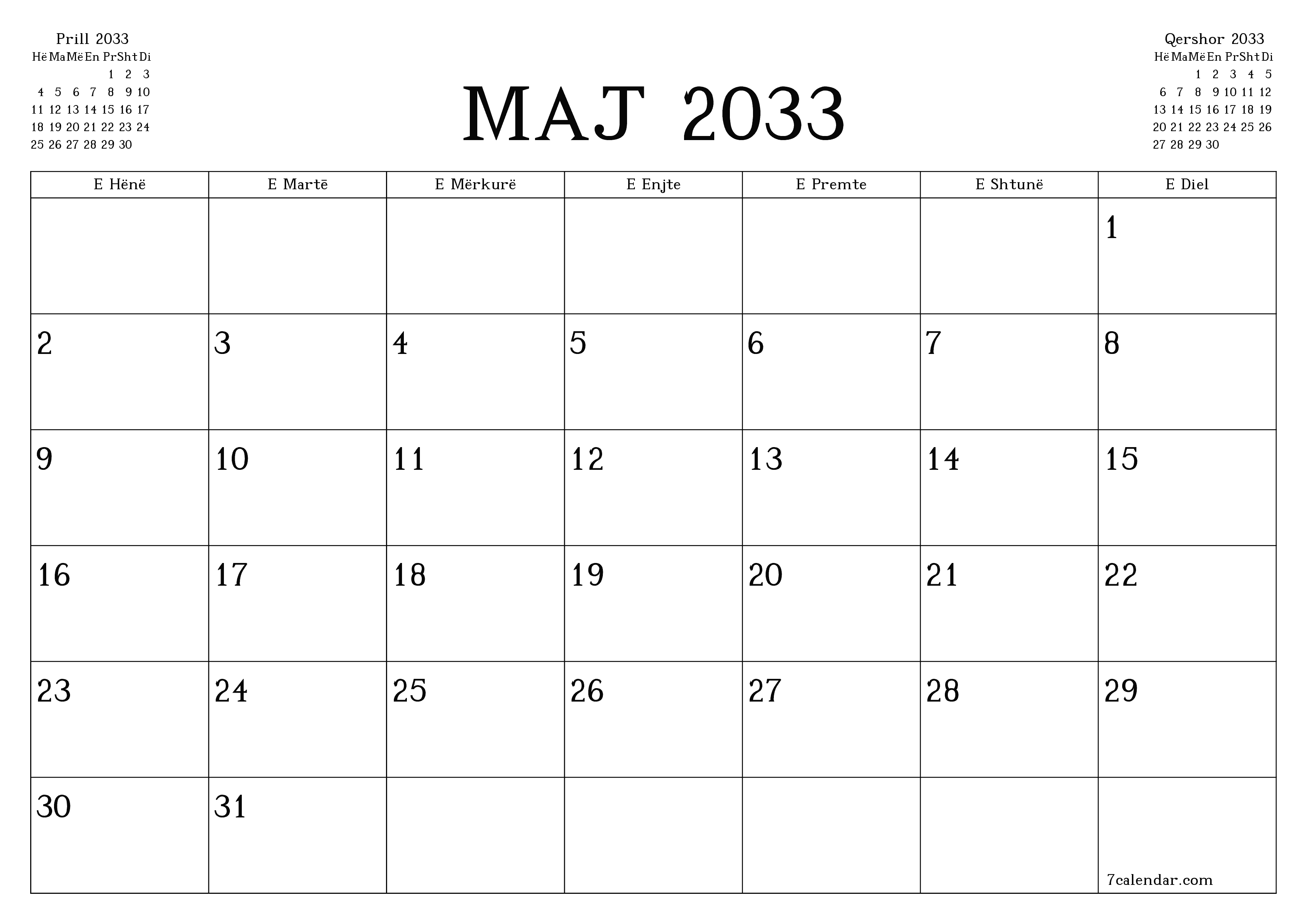 Planifikuesi i zbrazët i kalendarit mujor për muajin Maj 2033 me shënime të ruajtura dhe të printuara në PDF PNG Albanian