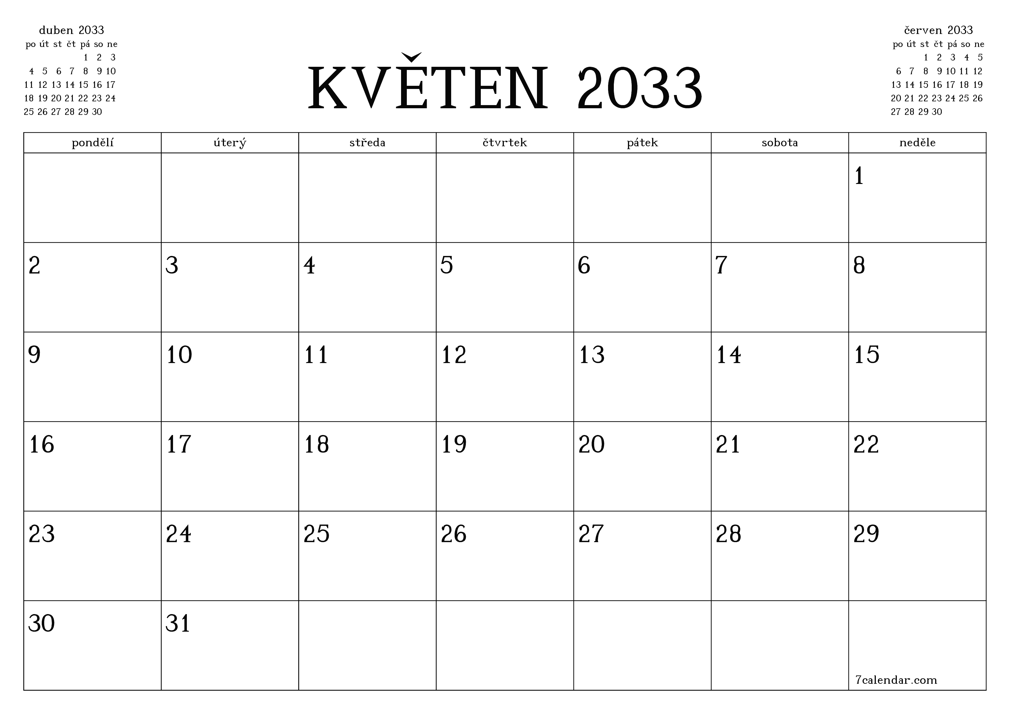 Vyprázdnit měsíční plánovač na měsíc květen 2033 s poznámkami, uložit a vytisknout do PDF PNG Czech