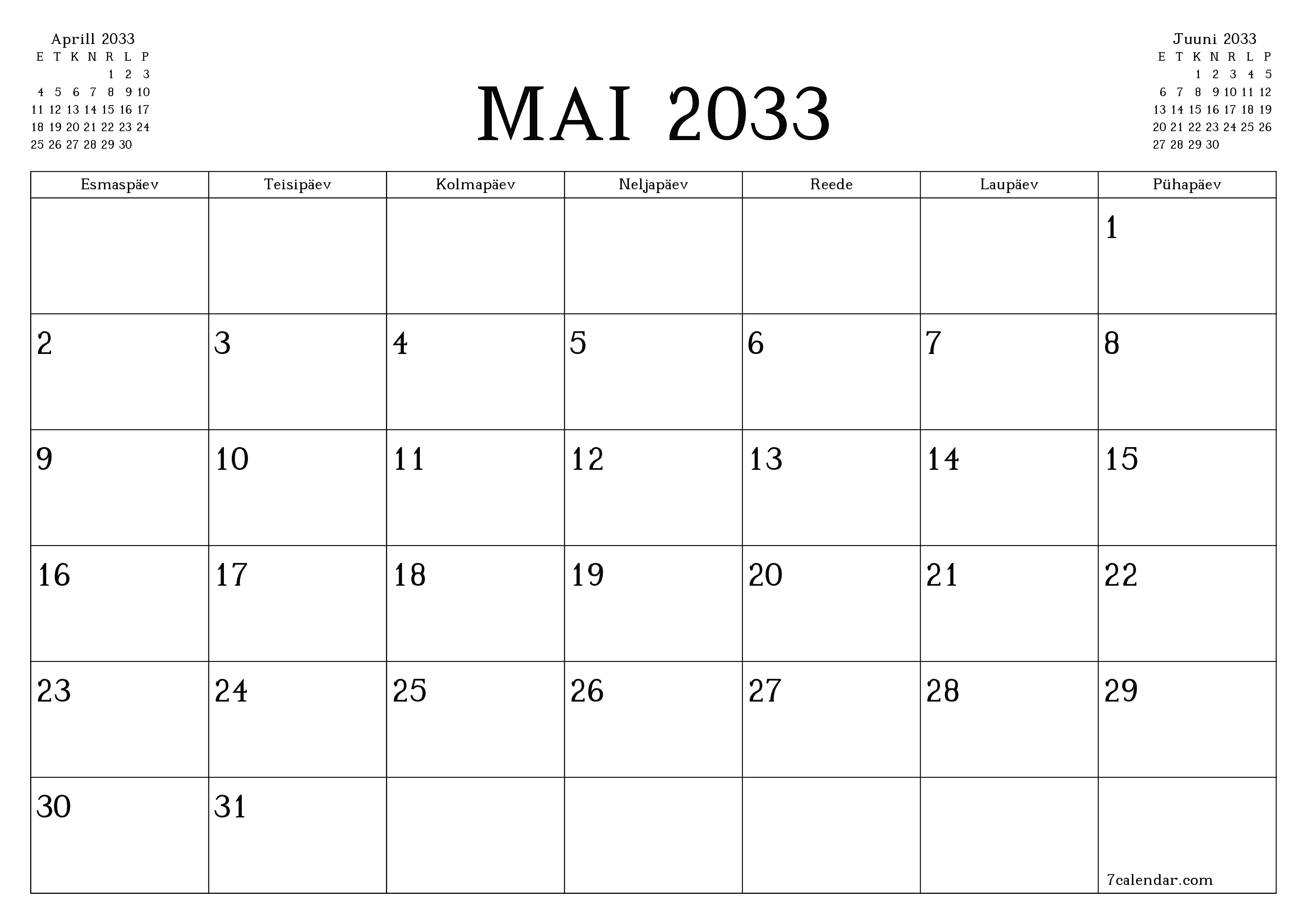 prinditav seina kalendri mall tasuta horisontaalne Igakuine planeerija kalender Mai (Mai) 2033
