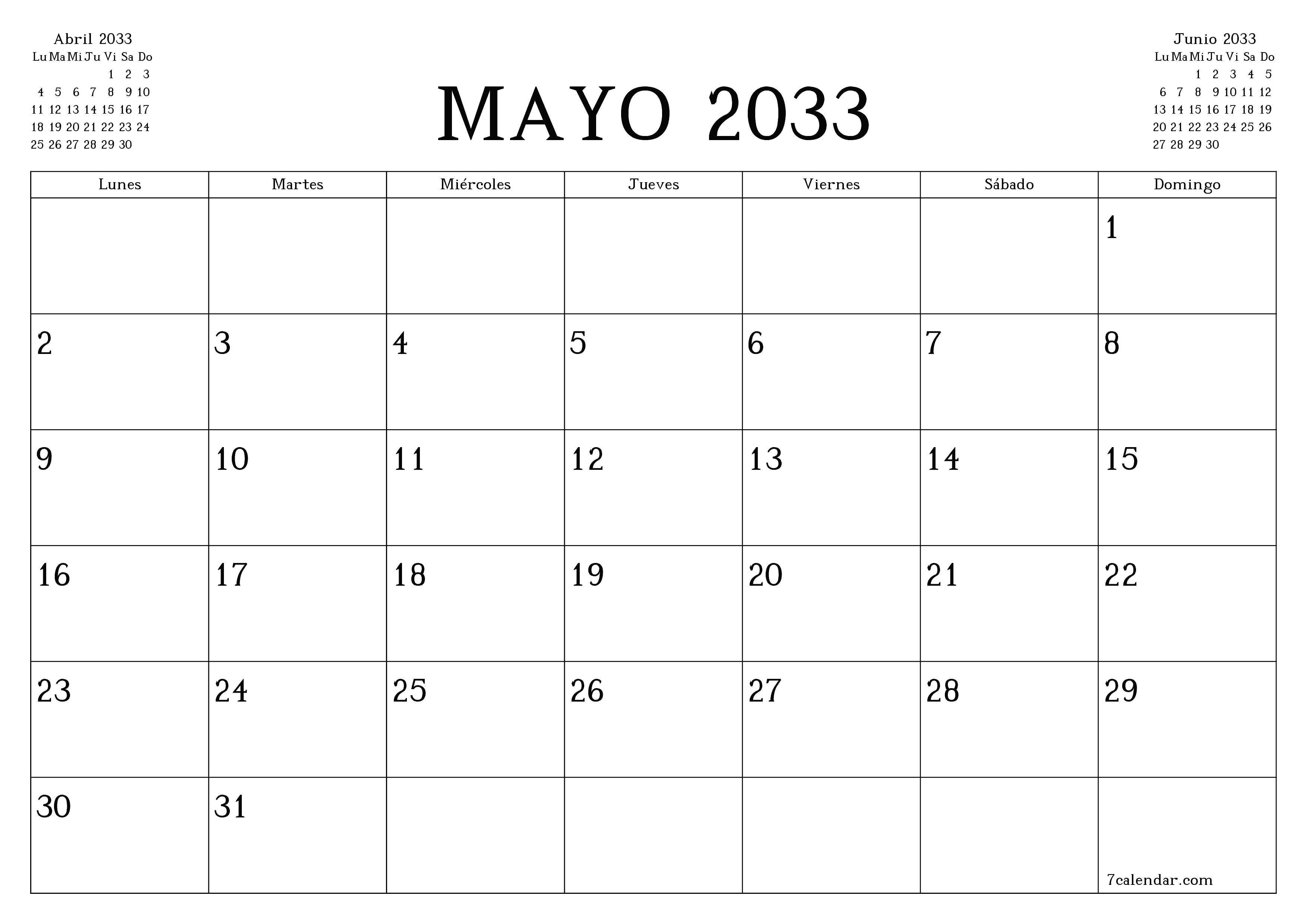 Planificador mensual vacío para el mes Mayo 2033 con notas, guardar e imprimir en PDF PNG Spanish