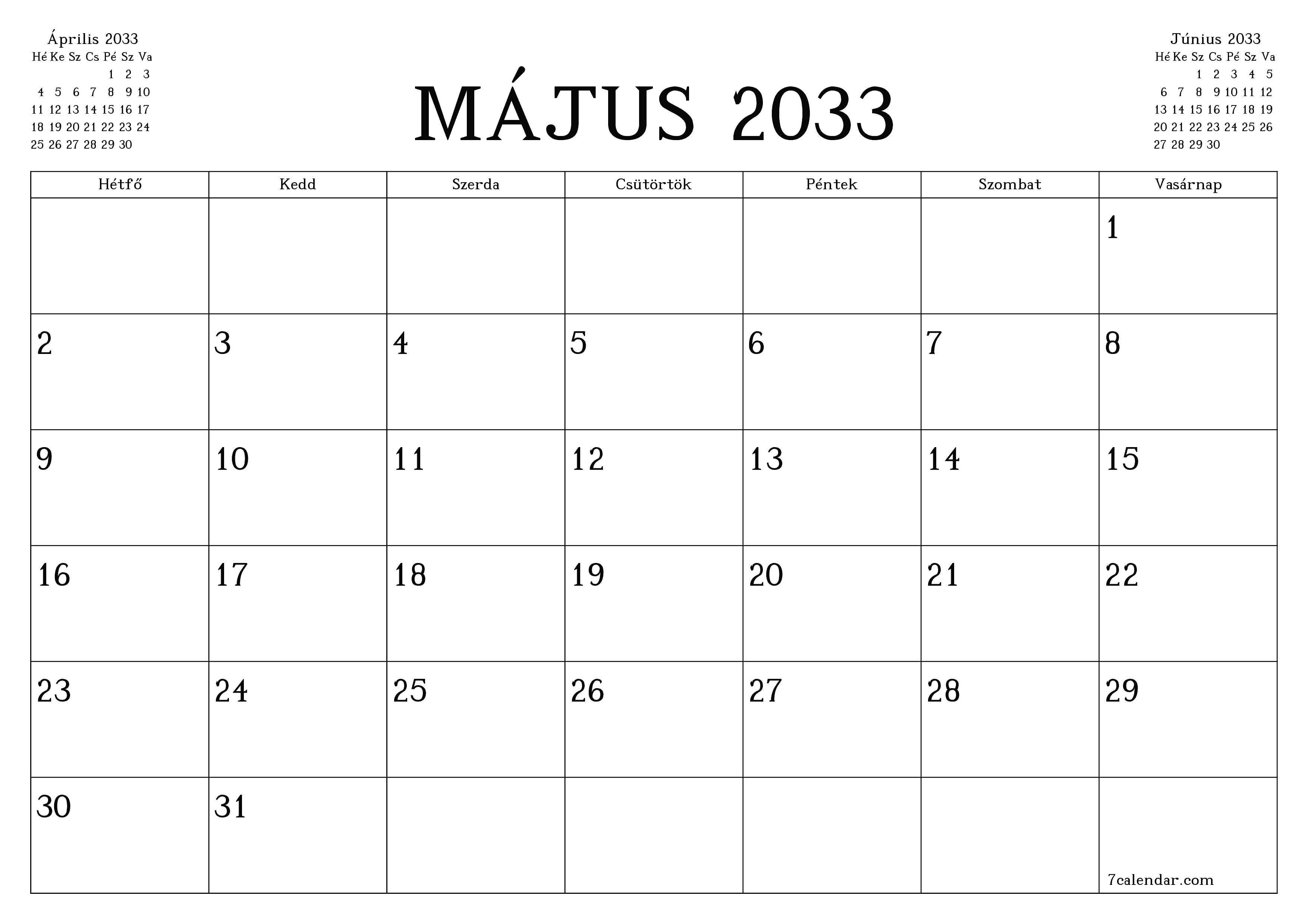 Üres havi tervező a Május 2033 hónapra jegyzetekkel, mentés és nyomtatás PDF-be PNG Hungarian