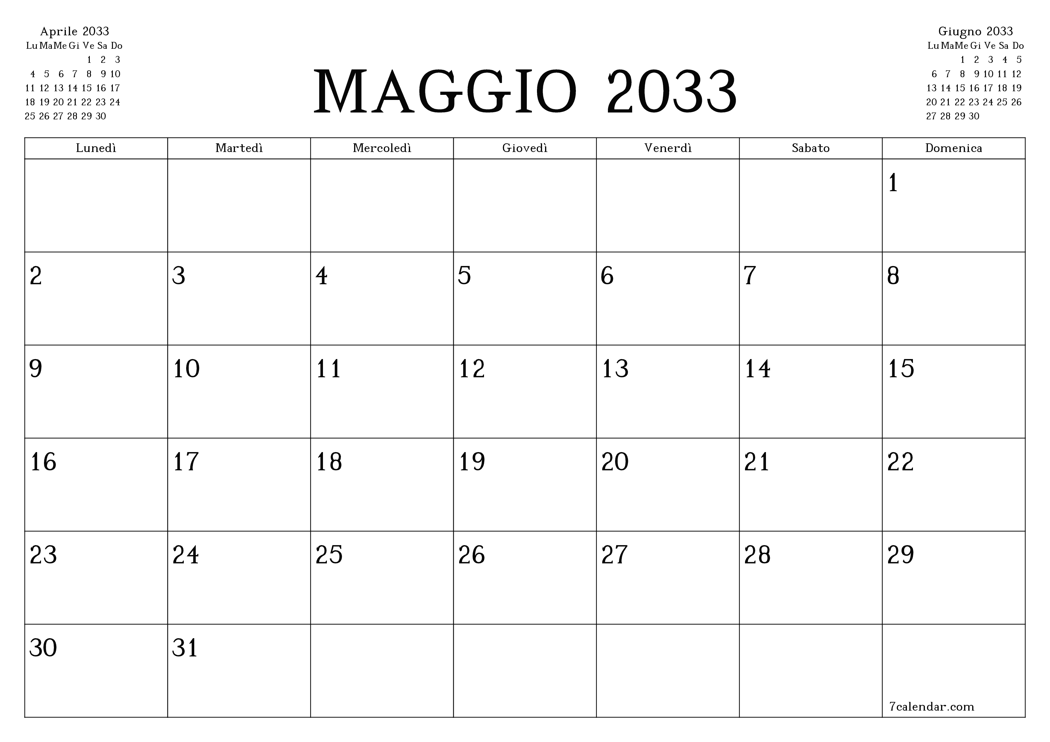 Pianificatore mensile vuoto per il mese Maggio 2033 con note, salva e stampa in PDF PNG Italian