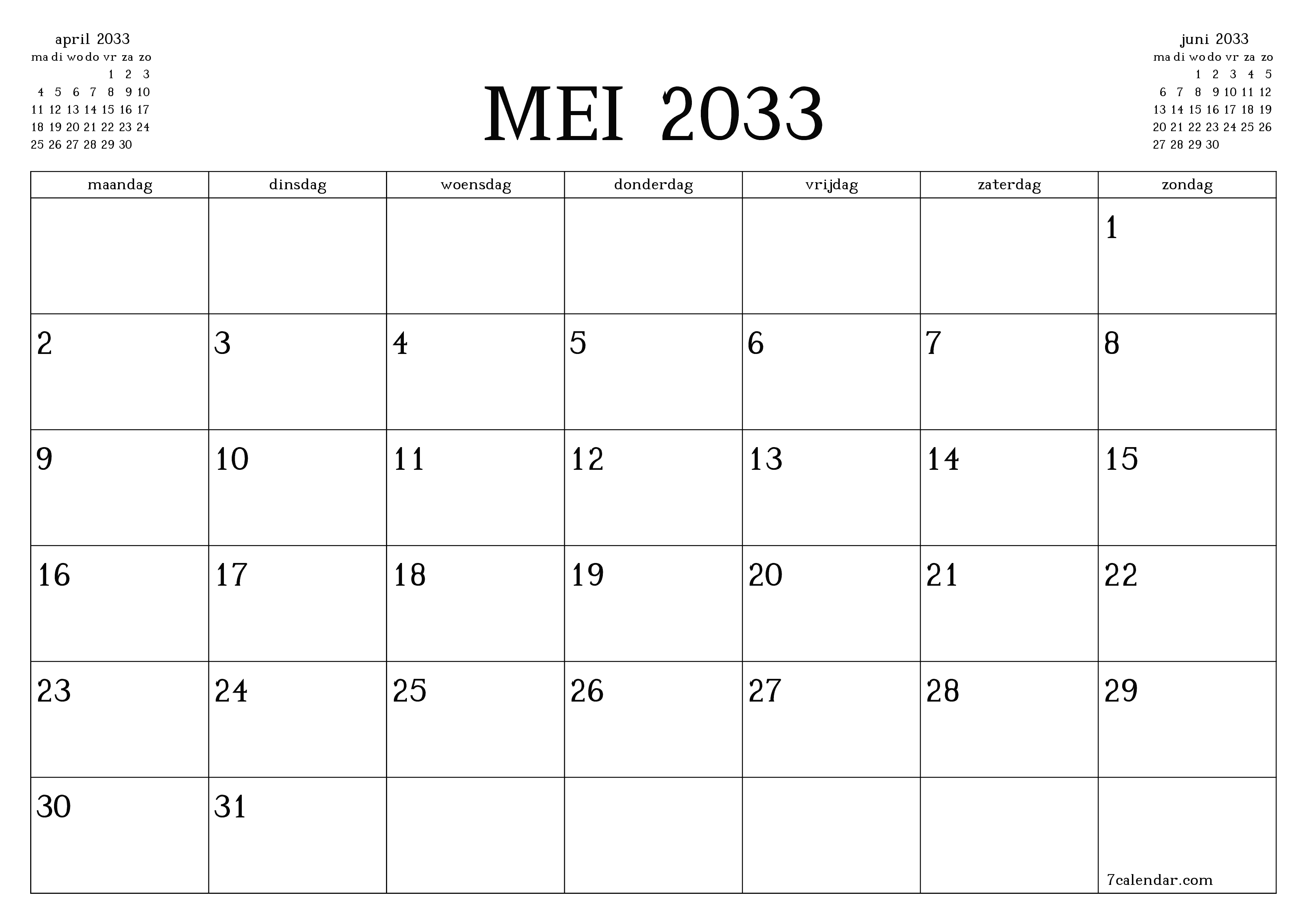 Lege maandplanner voor maand mei 2033 met notities, opslaan en afdrukken naar pdf PNG Dutch