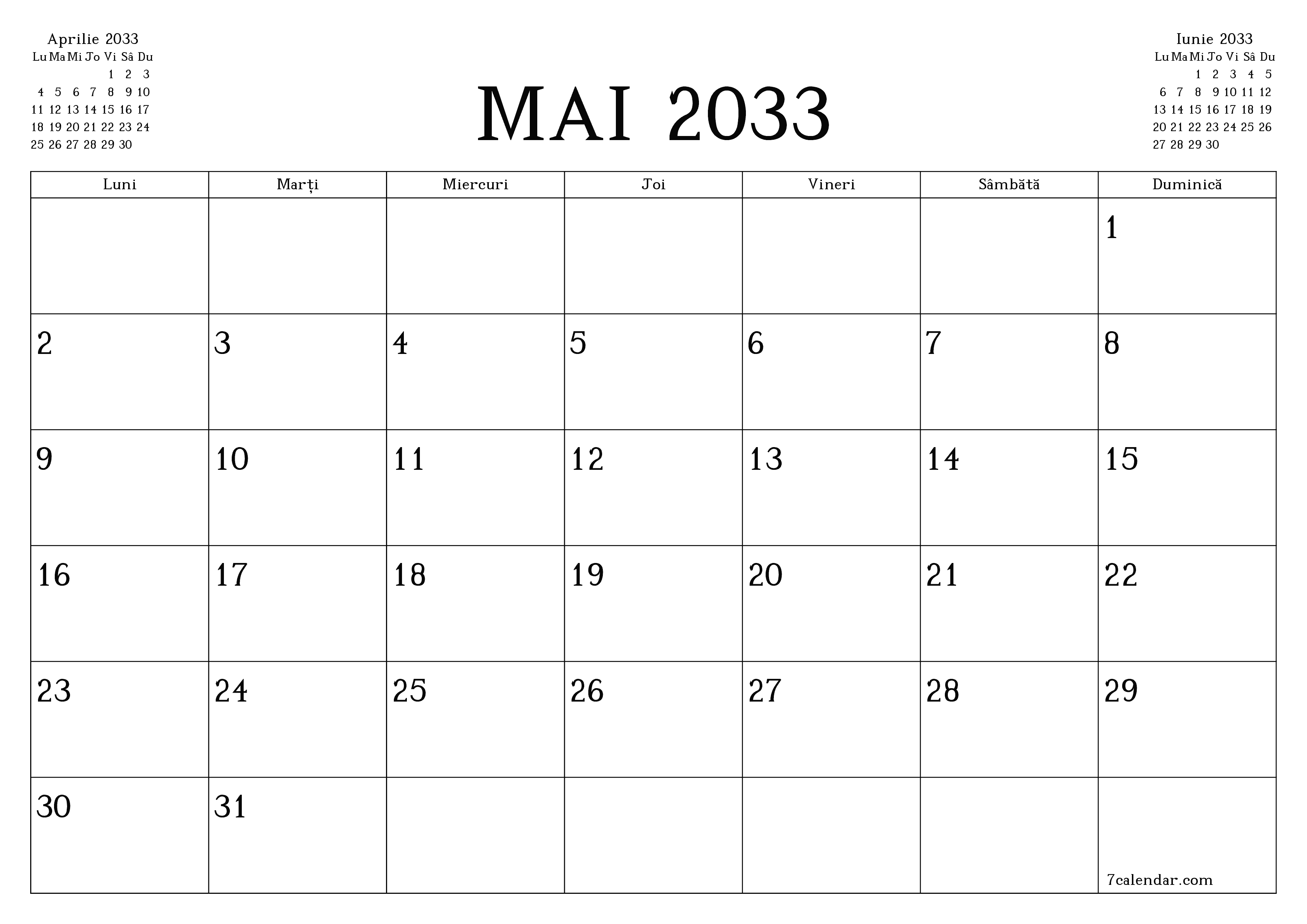 Planificator lunar gol pentru luna Mai 2033 cu note, salvați și tipăriți în PDF PNG Romanian