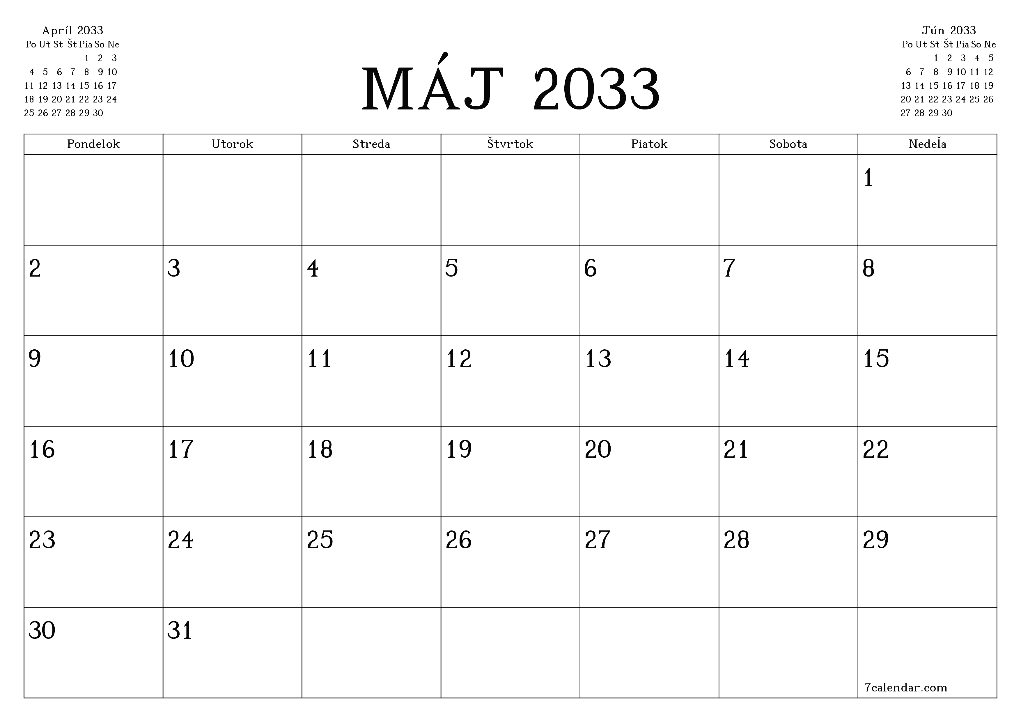 Prázdny mesačný plánovač na mesiac Máj 2033 s poznámkami, uloženie a tlač do PDF PNG Slovak