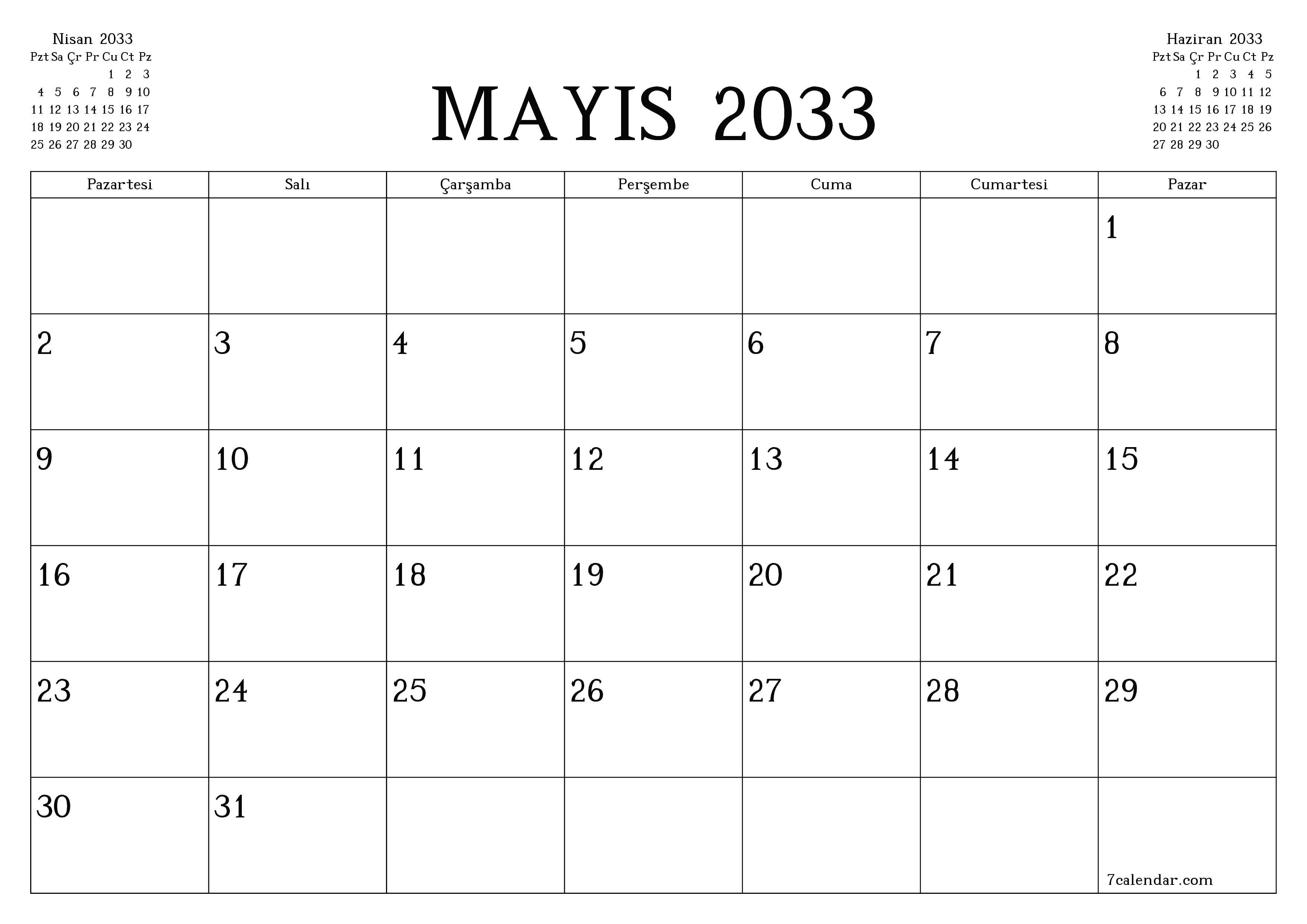Mayıs 2033 ayı için notlarla birlikte boş aylık planlayıcı, kaydedin ve PDF'ye yazdırın PNG Turkish