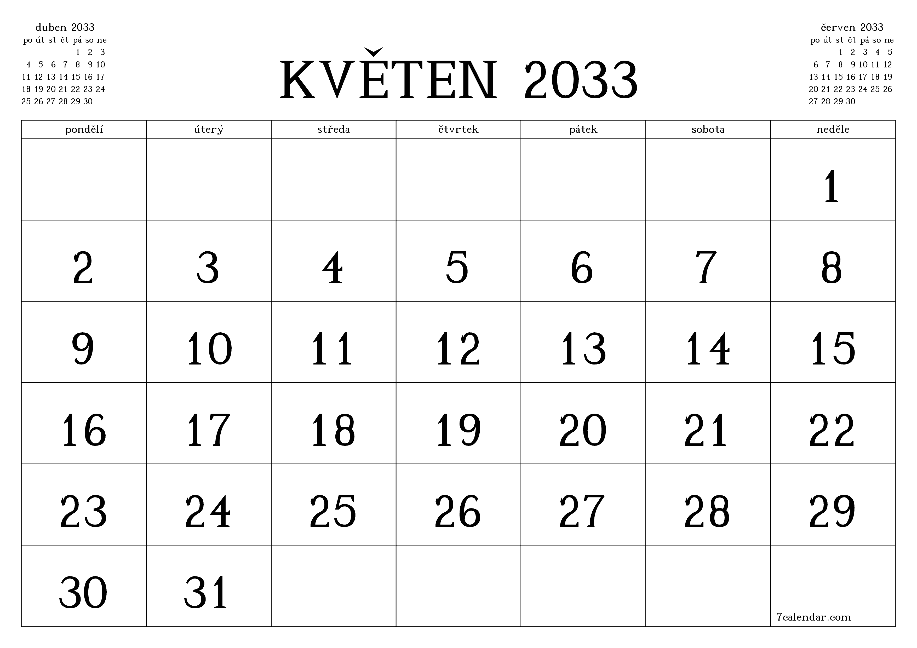 Vyprázdnit měsíční plánovač na měsíc květen 2033 s poznámkami, uložit a vytisknout do PDF PNG Czech