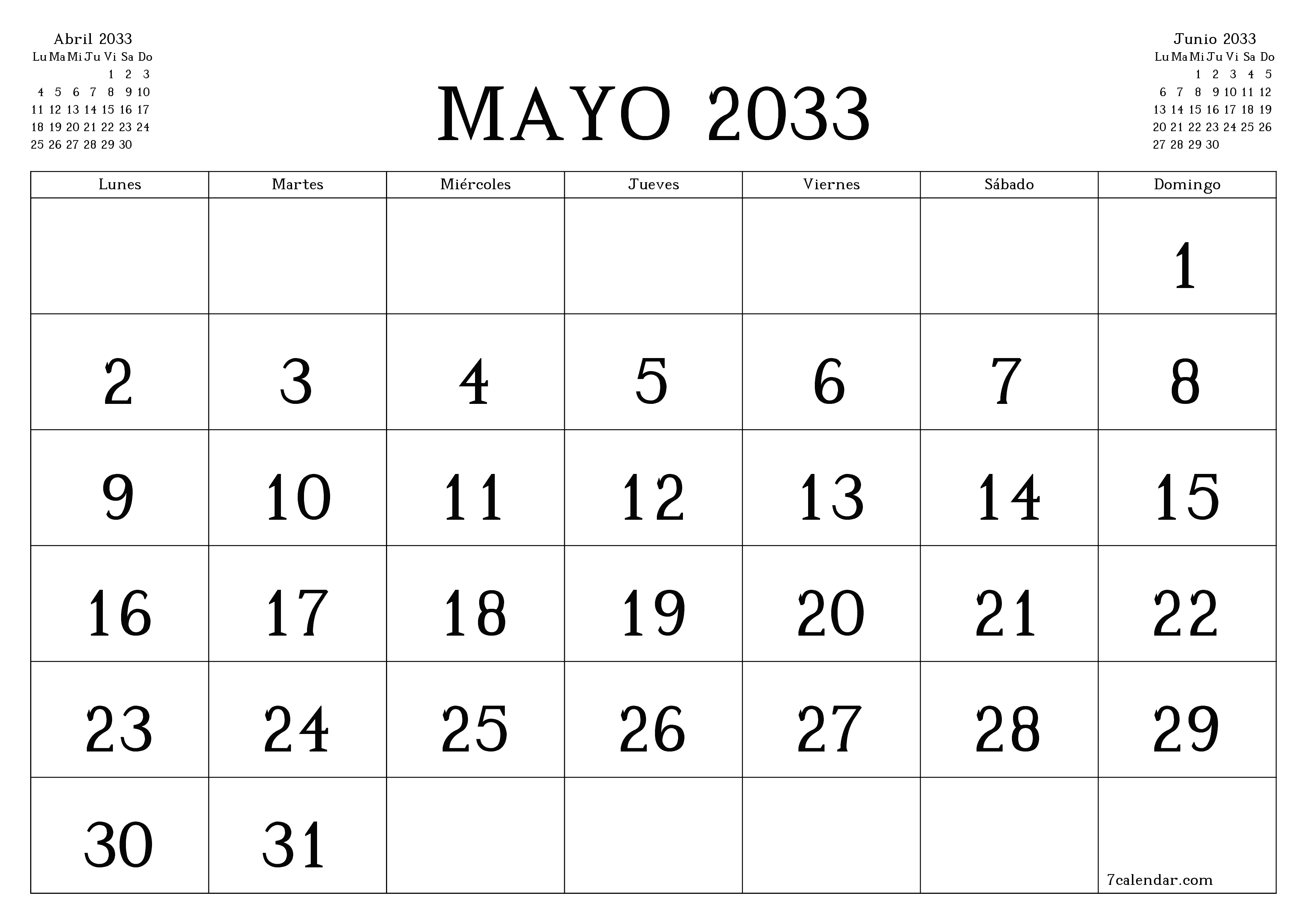 Planificador mensual vacío para el mes Mayo 2033 con notas, guardar e imprimir en PDF PNG Spanish