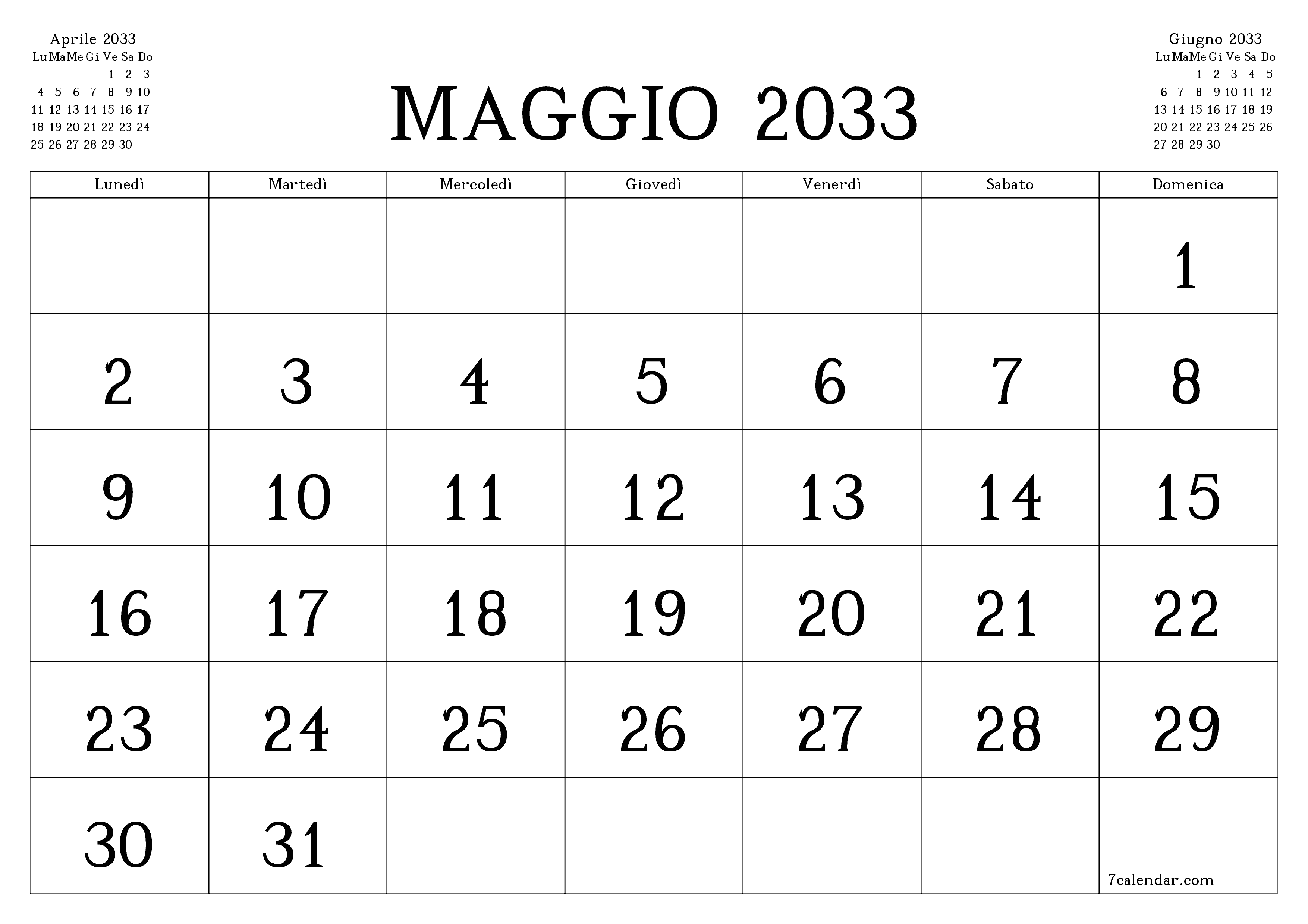 Pianificatore mensile vuoto per il mese Maggio 2033 con note, salva e stampa in PDF PNG Italian