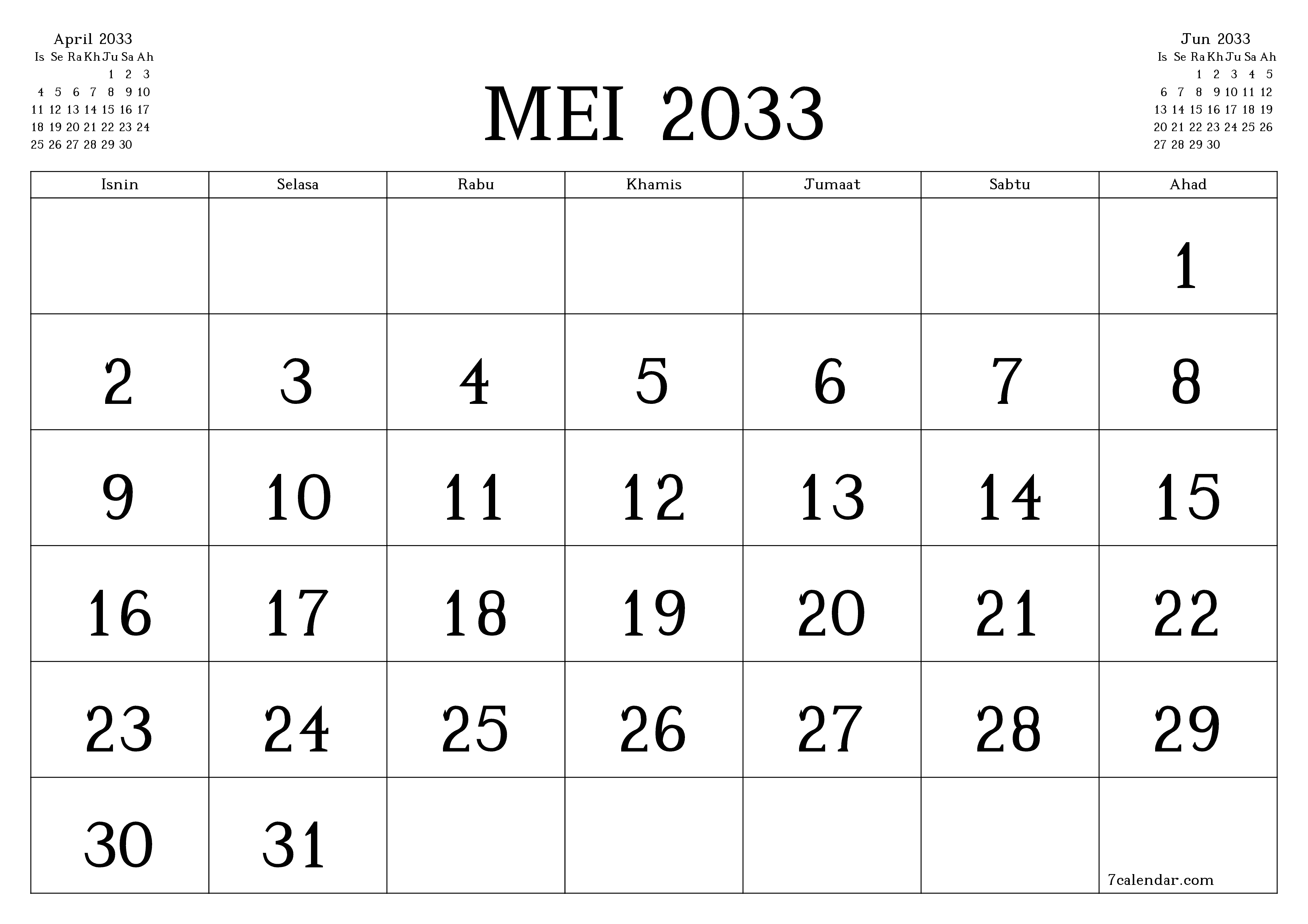 Perancang bulanan kosong untuk bulan Mei 2033 dengan nota, simpan dan cetak ke PDF PNG Malay