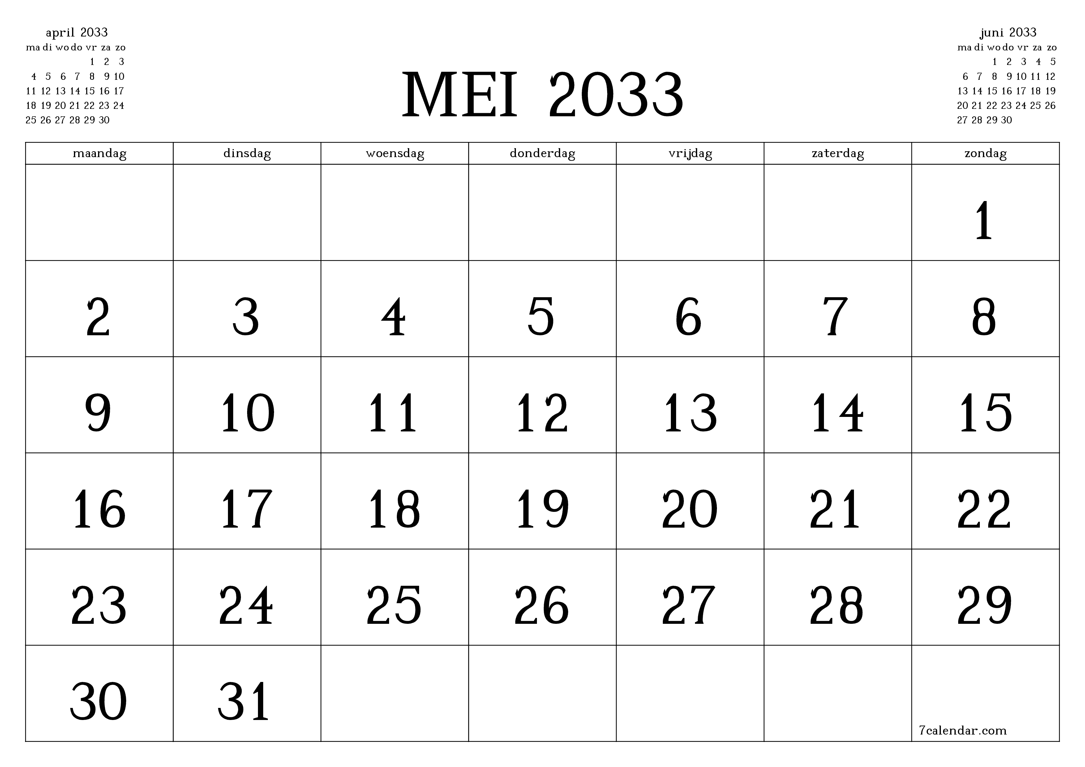 Lege maandplanner voor maand mei 2033 met notities, opslaan en afdrukken naar pdf PNG Dutch