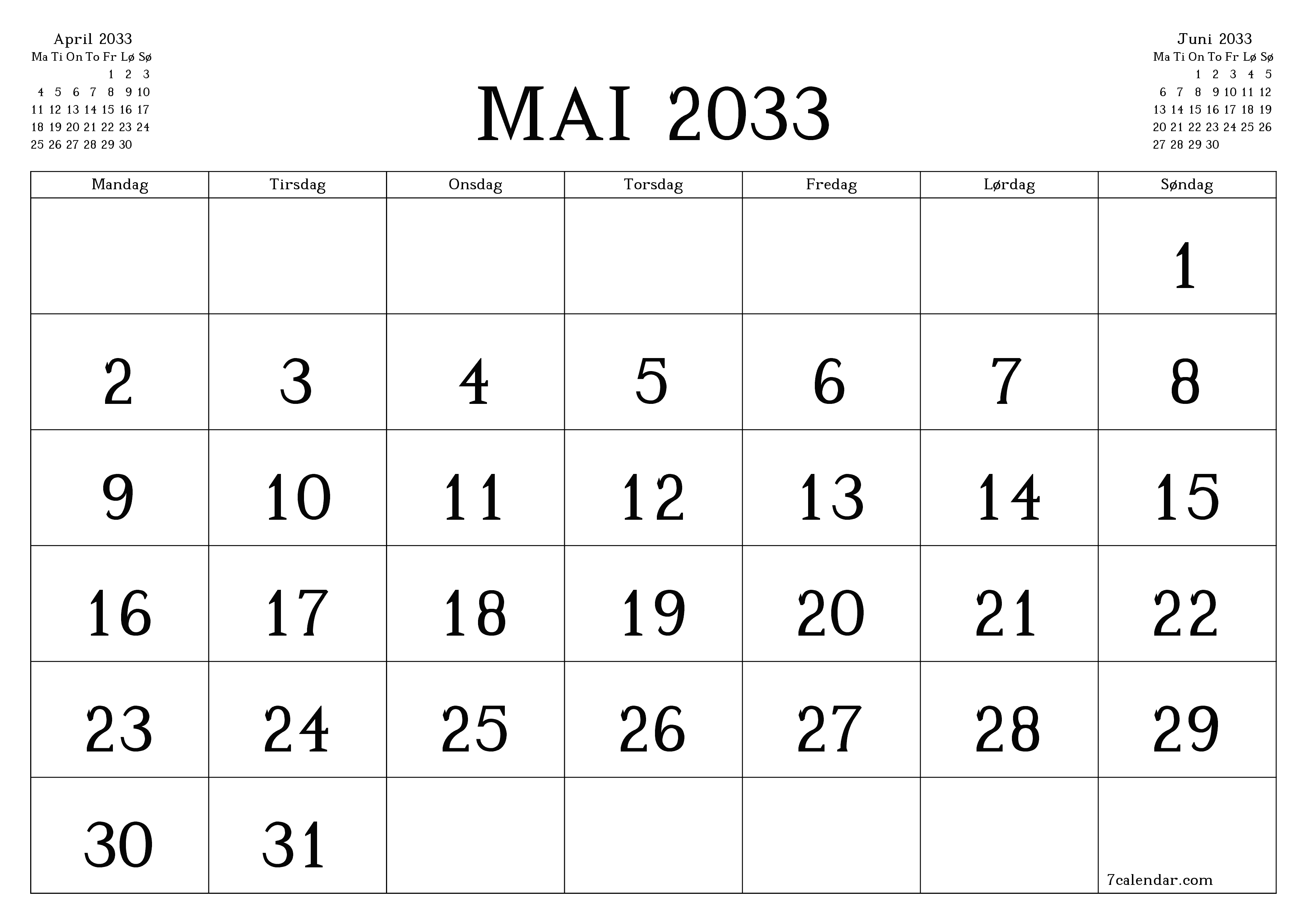 Tom månedlig planlegger for måned Mai 2033 med notater, lagre og skriv ut til PDF PNG Norwegian
