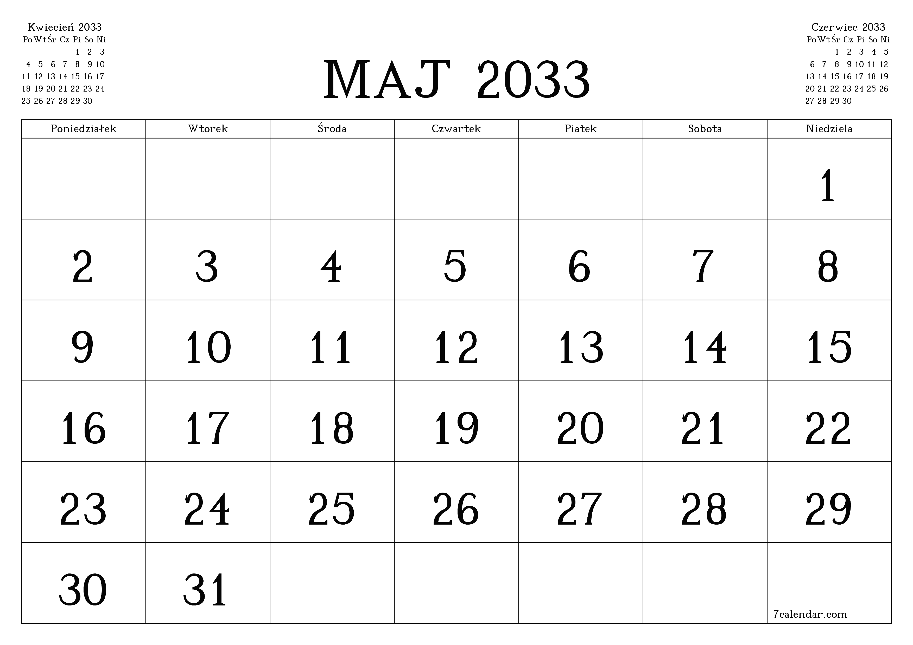 Opróżnij miesięczny planer na miesiąc Maj 2033 z notatkami, zapisz i wydrukuj w formacie PDF PNG Polish
