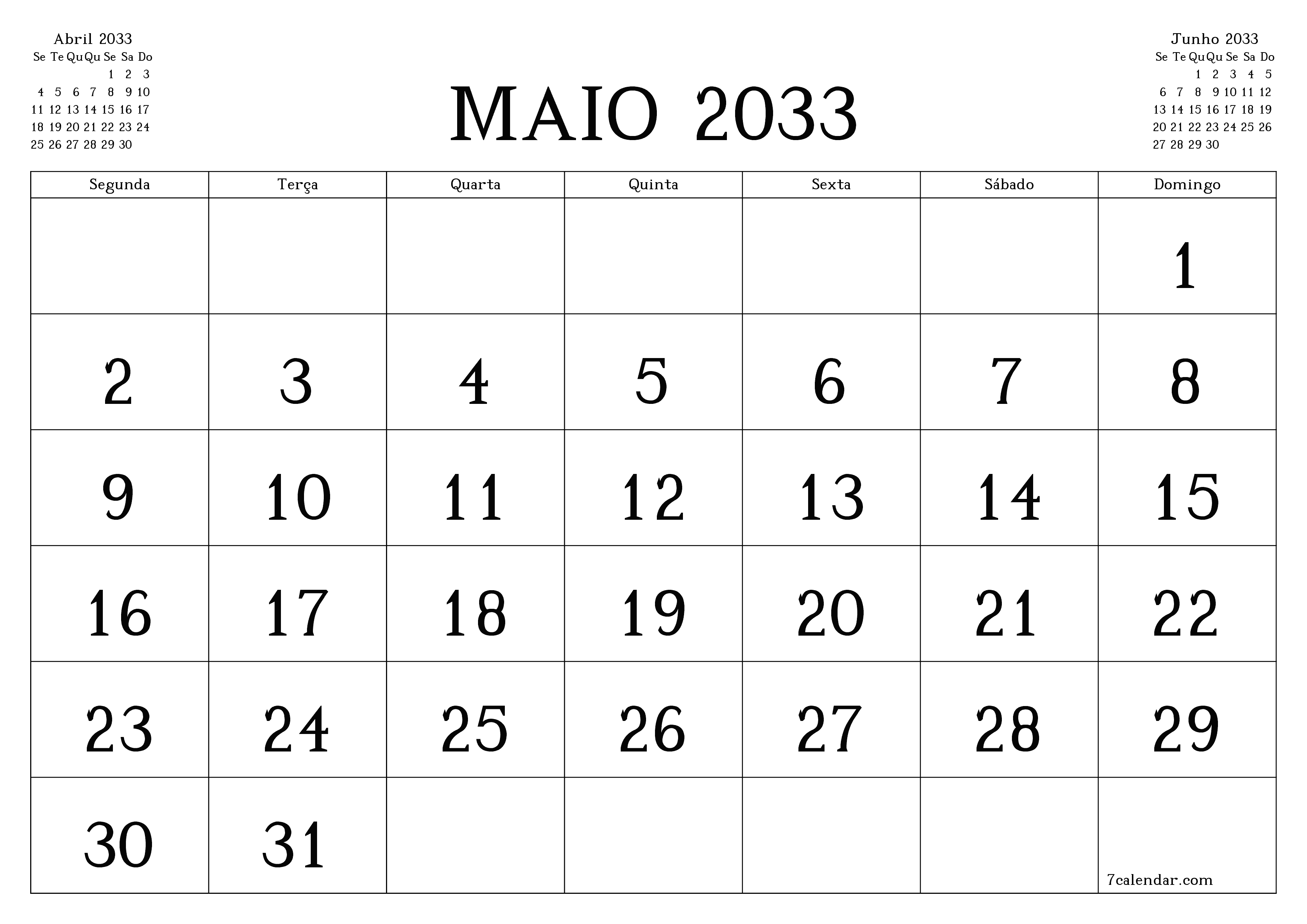 Esvazie o planejador mensal para o mês Maio 2033 com notas, salve e imprima em PDF PNG Portuguese