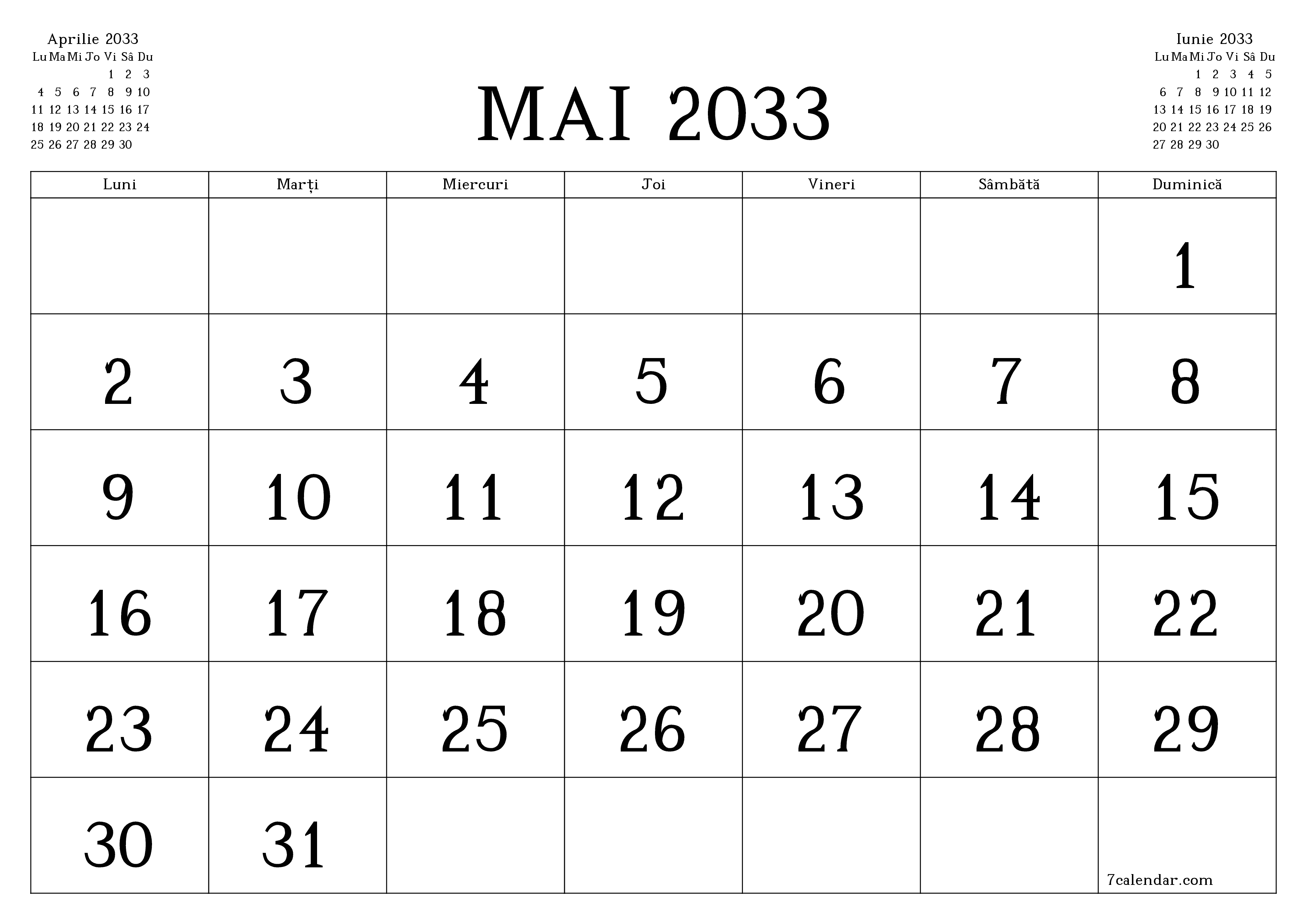 Planificator lunar gol pentru luna Mai 2033 cu note, salvați și tipăriți în PDF PNG Romanian