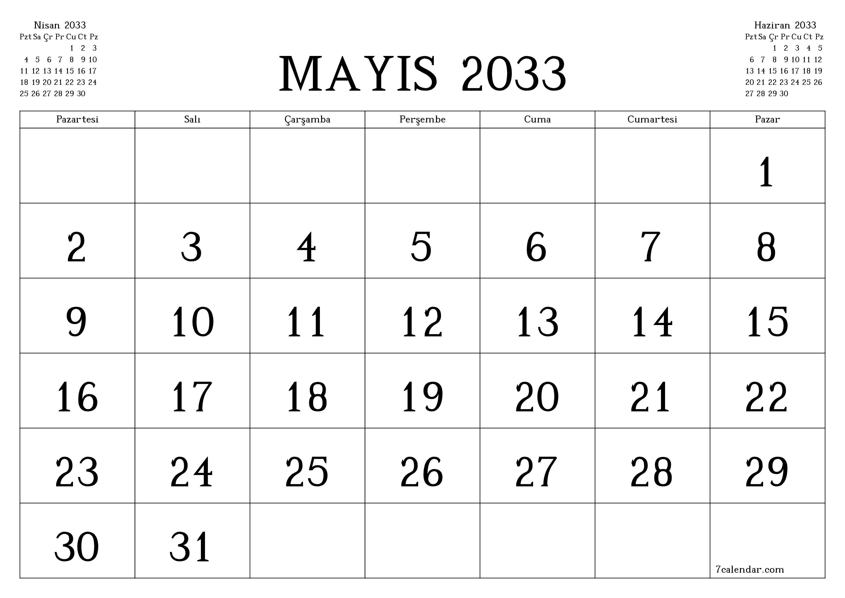 Mayıs 2033 ayı için notlarla birlikte boş aylık planlayıcı, kaydedin ve PDF'ye yazdırın PNG Turkish