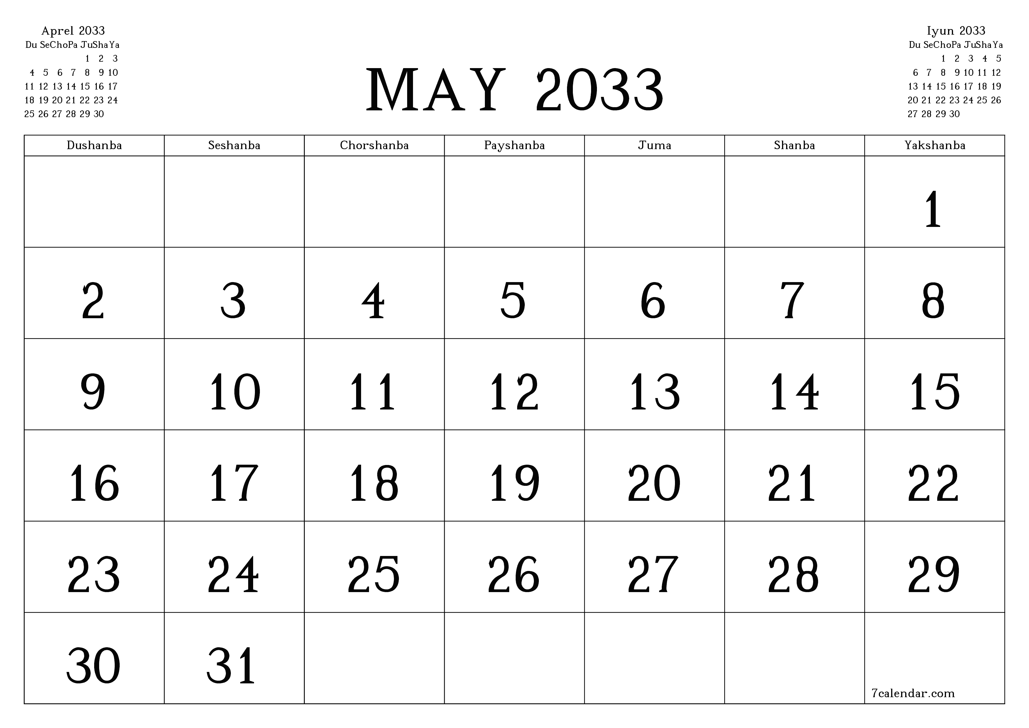 May 2033 oylik oylik rejalashtiruvchini yozuvlar bilan bo'shatish, saqlash va PDF-ga chop etish PNG Uzbek