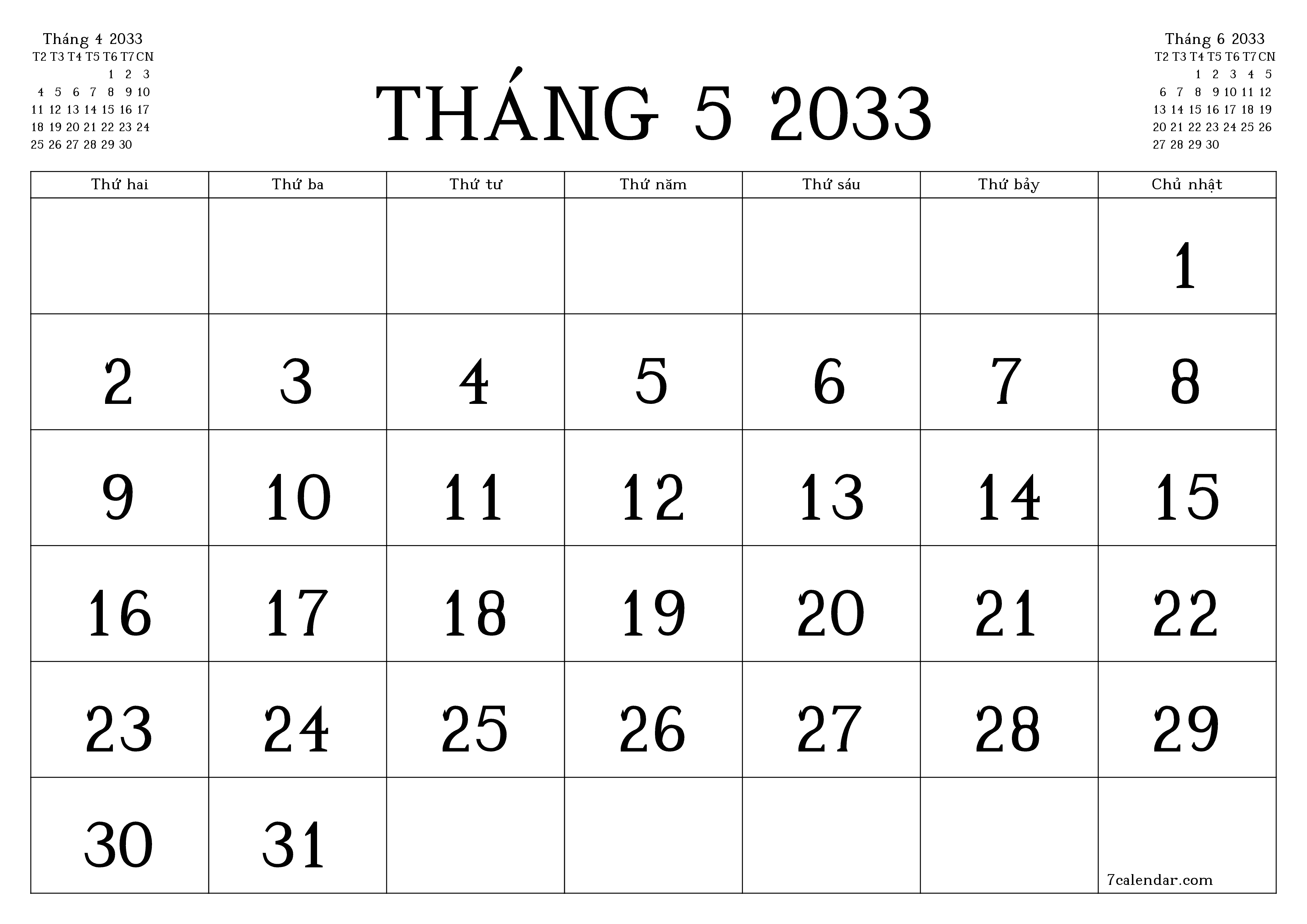 Công cụ lập kế hoạch hàng tháng trống cho tháng Tháng 5 2033 có ghi chú, lưu và in sang PDF PNG Vietnamese