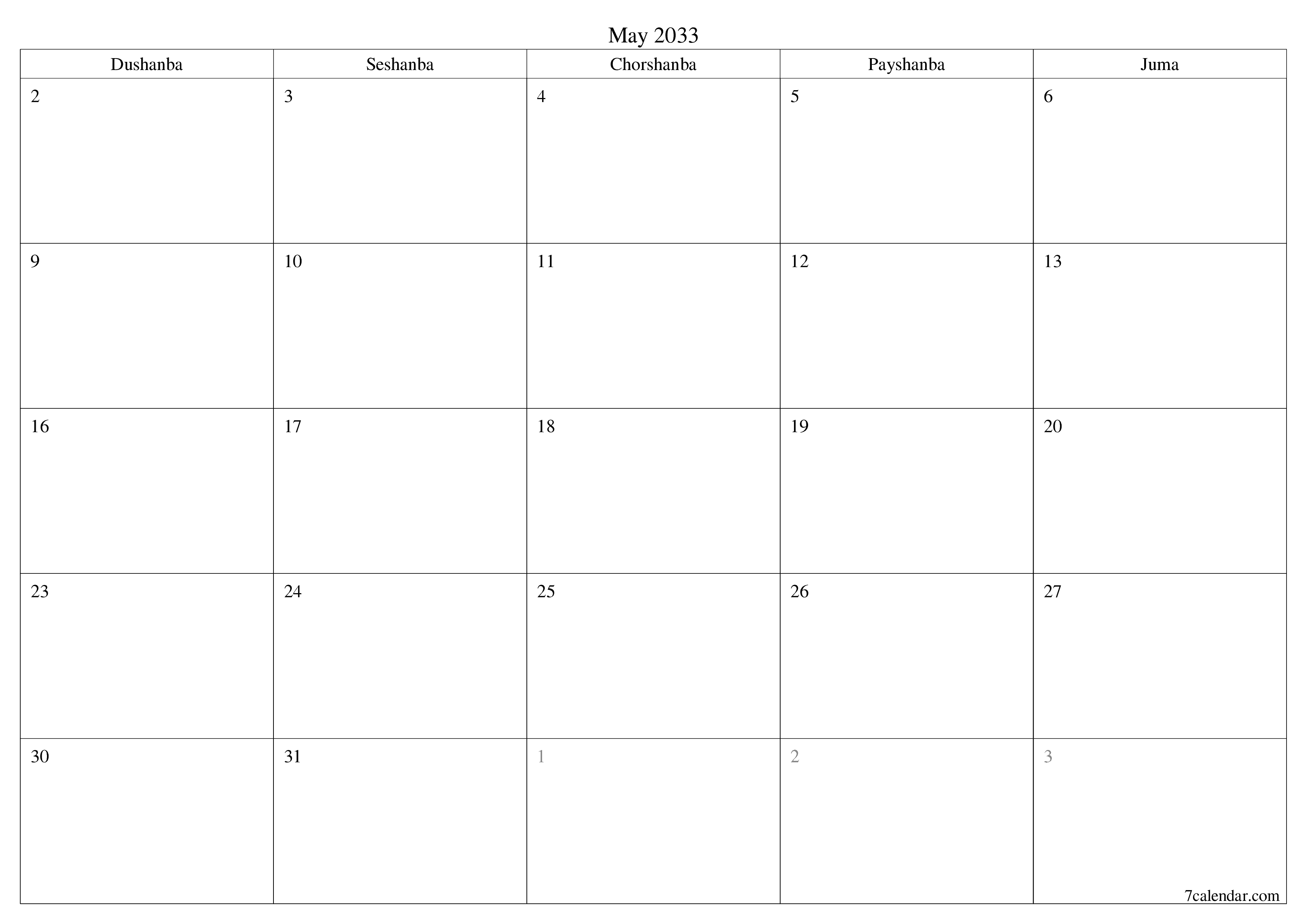 May 2033 oylik oylik rejalashtiruvchini yozuvlar bilan bo'shatish, saqlash va PDF-ga chop etish PNG Uzbek