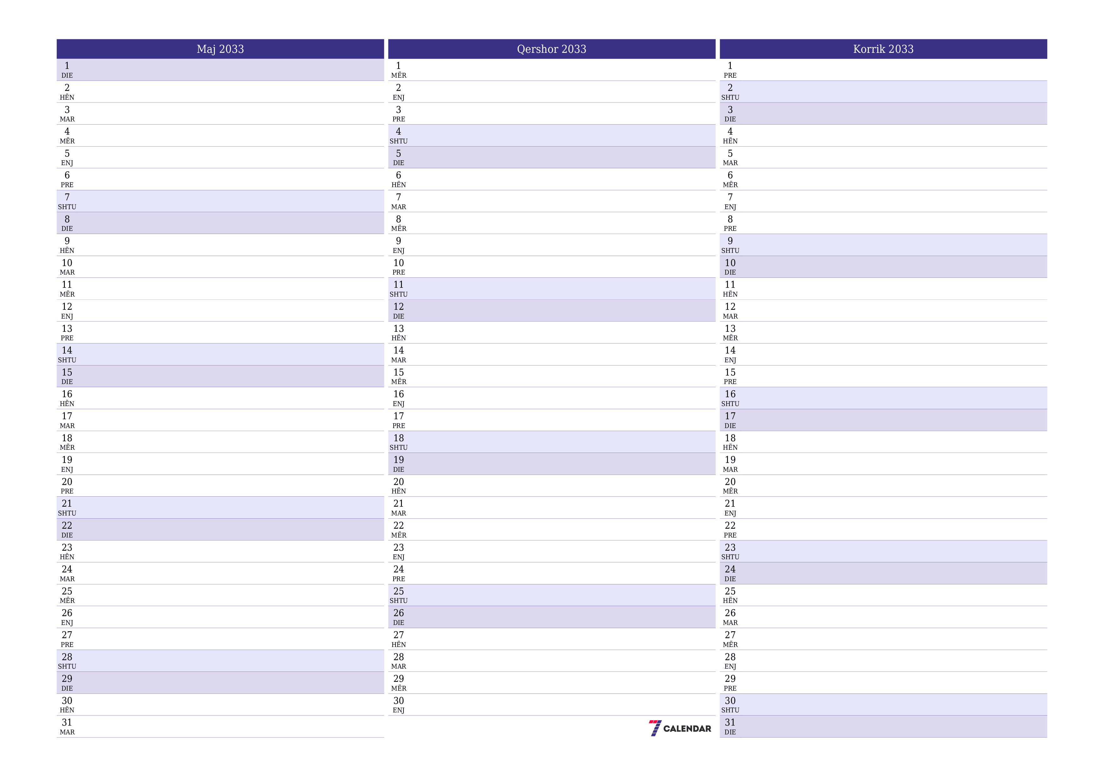 Planifikuesi i zbrazët i kalendarit mujor për muajin Maj 2033 me shënime të ruajtura dhe të printuara në PDF PNG Albanian