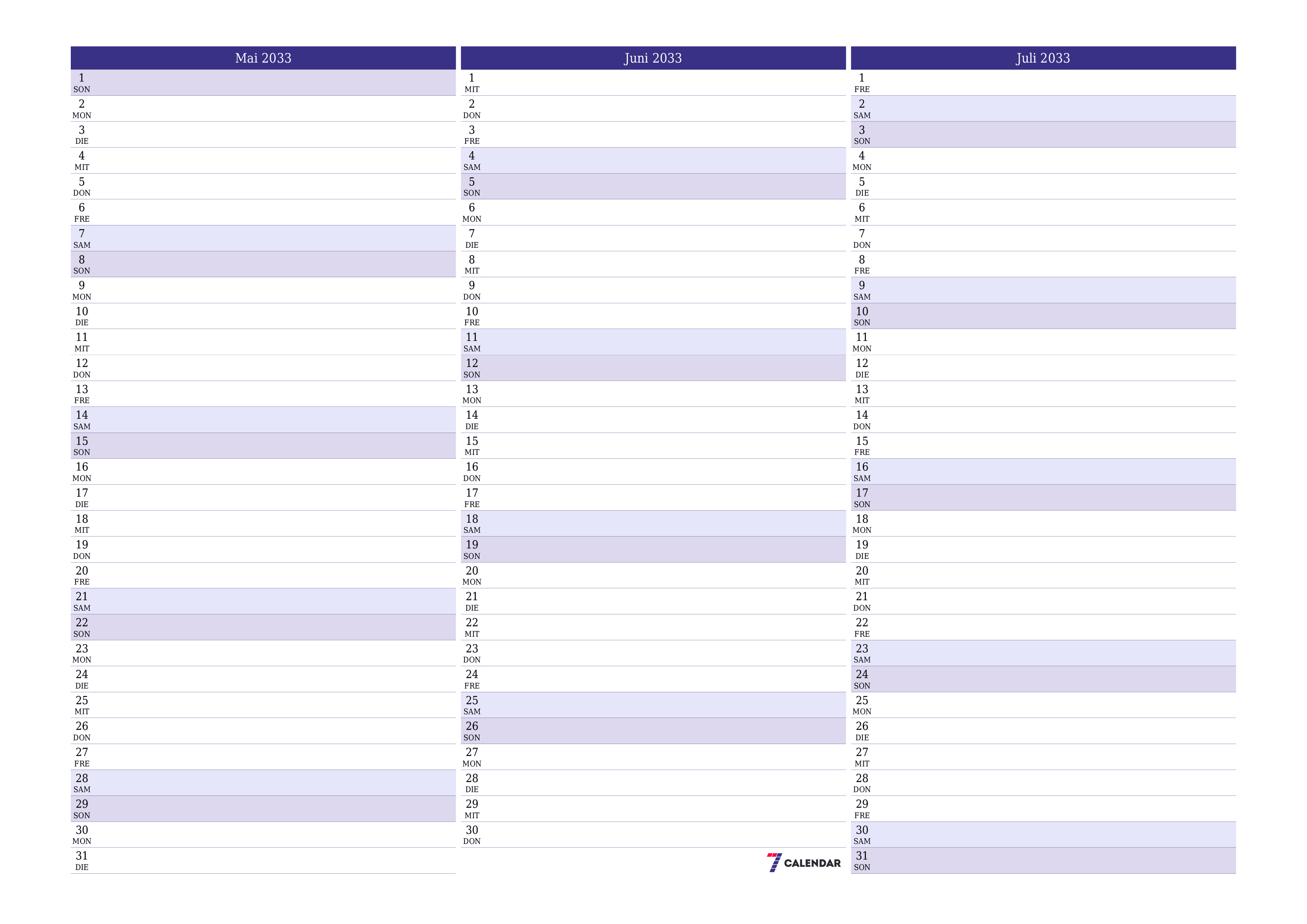Monatsplaner für Monat Mai 2033 mit Notizen leeren, speichern und als PDF PNG German - 7calendar.com drucken