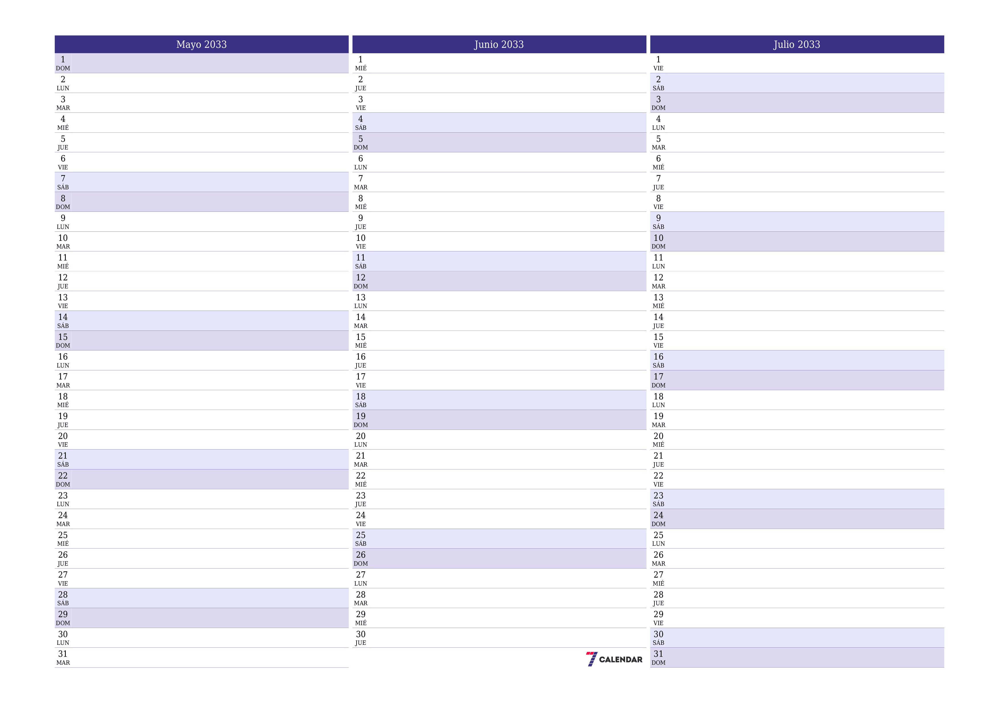 Planificador mensual vacío para el mes Mayo 2033 con notas, guardar e imprimir en PDF PNG Spanish