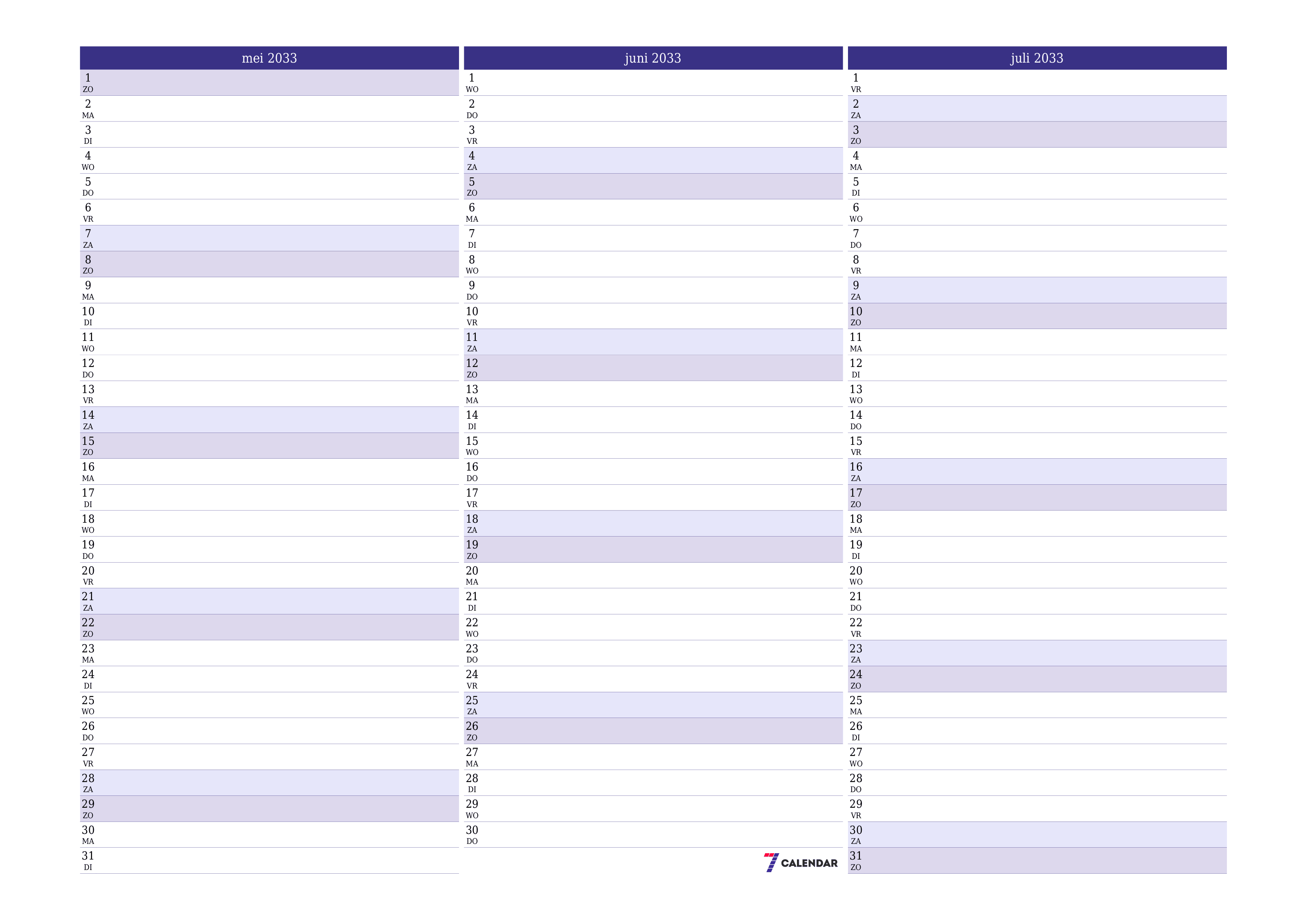 Lege maandplanner voor maand mei 2033 met notities, opslaan en afdrukken naar pdf PNG Dutch