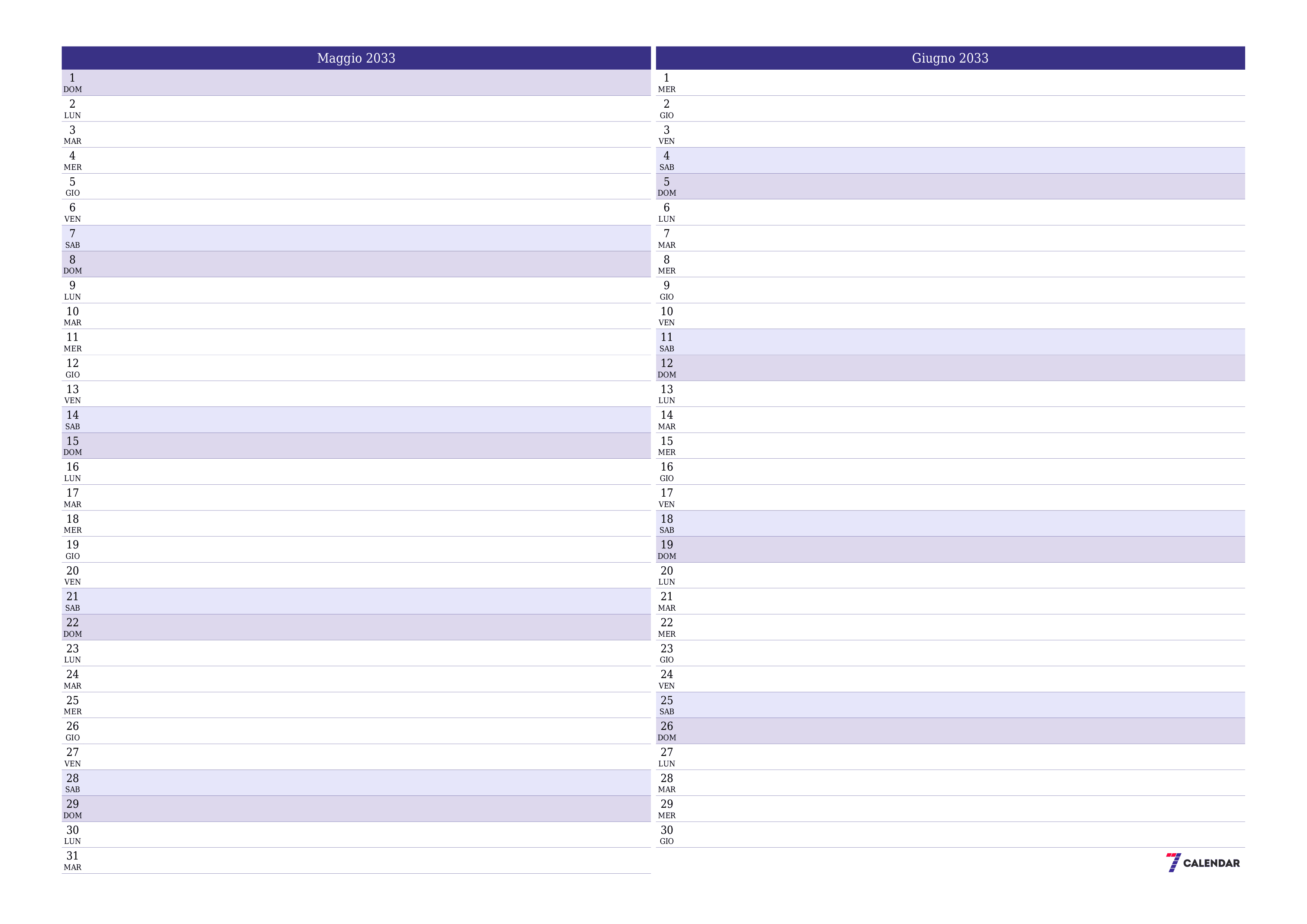 Pianificatore mensile vuoto per il mese Maggio 2033 con note, salva e stampa in PDF PNG Italian