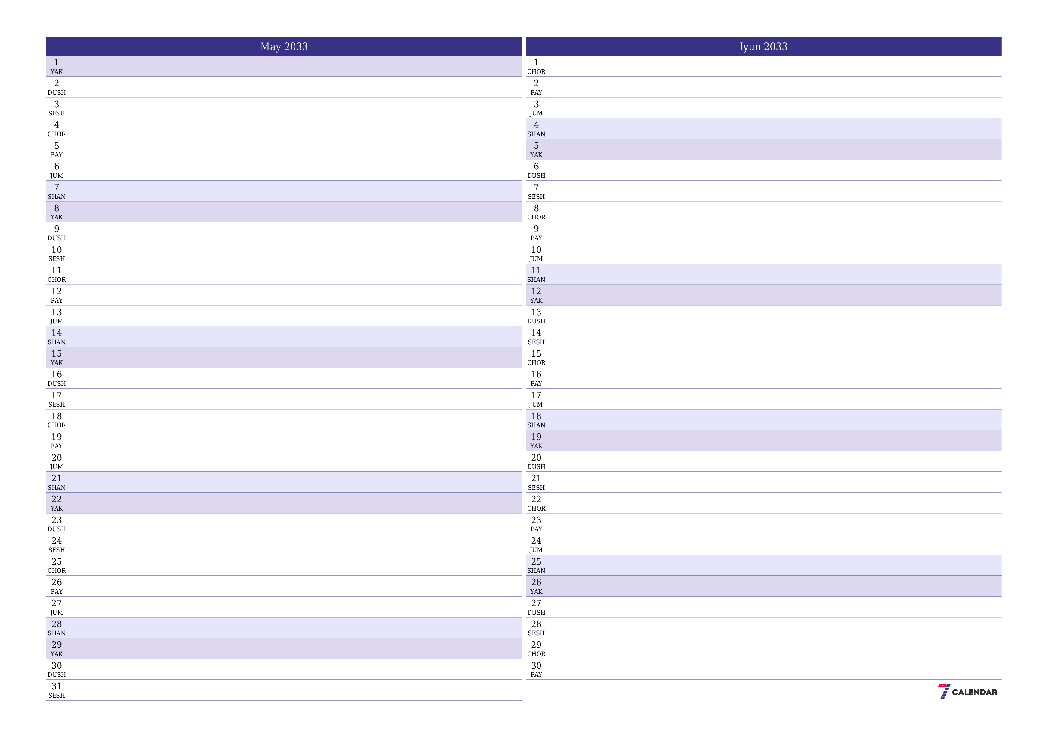May 2033 oylik oylik rejalashtiruvchini yozuvlar bilan bo'shatish, saqlash va PDF-ga chop etish PNG Uzbek