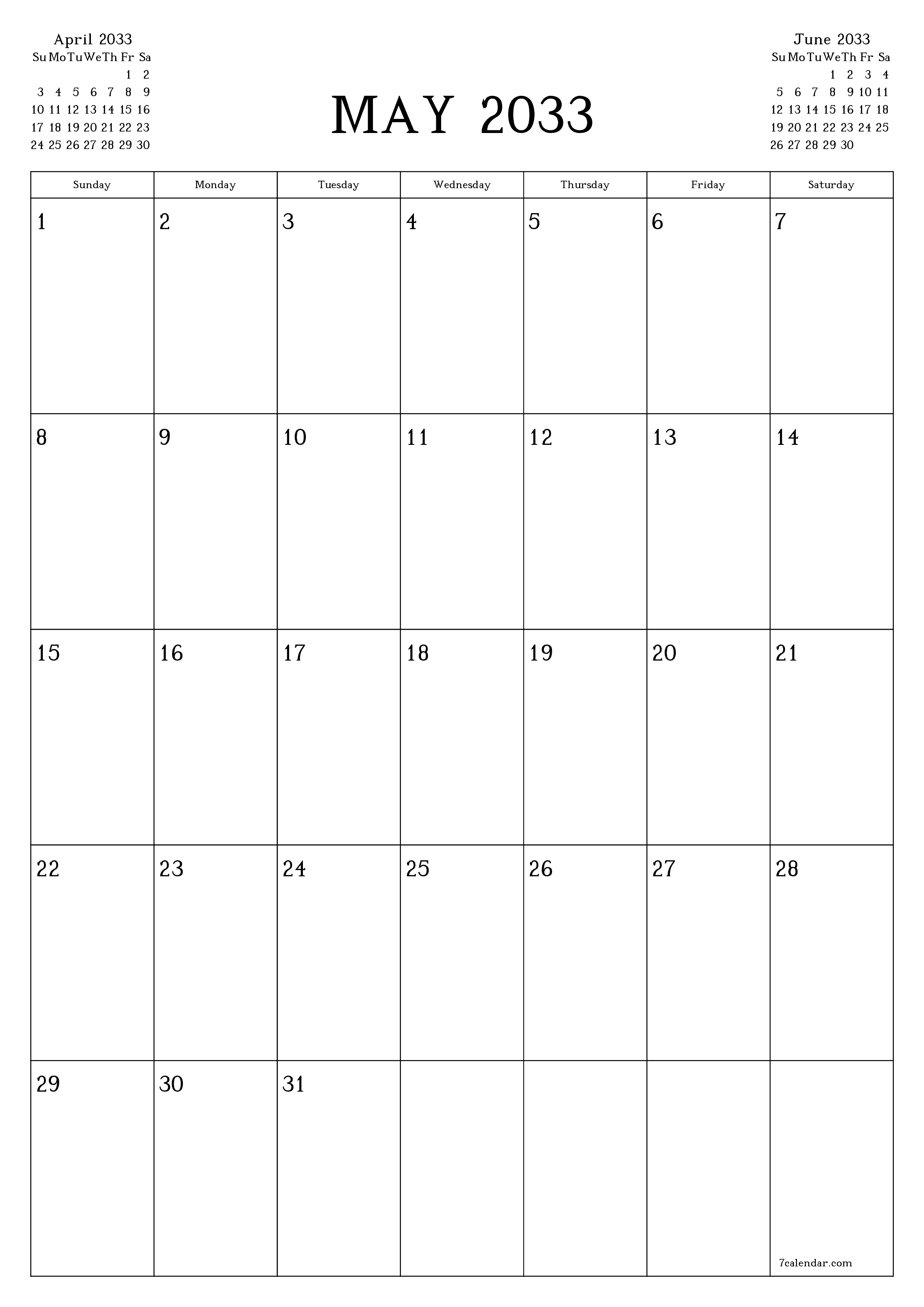 printable wall template free vertical Monthly planner calendar May (May) 2033