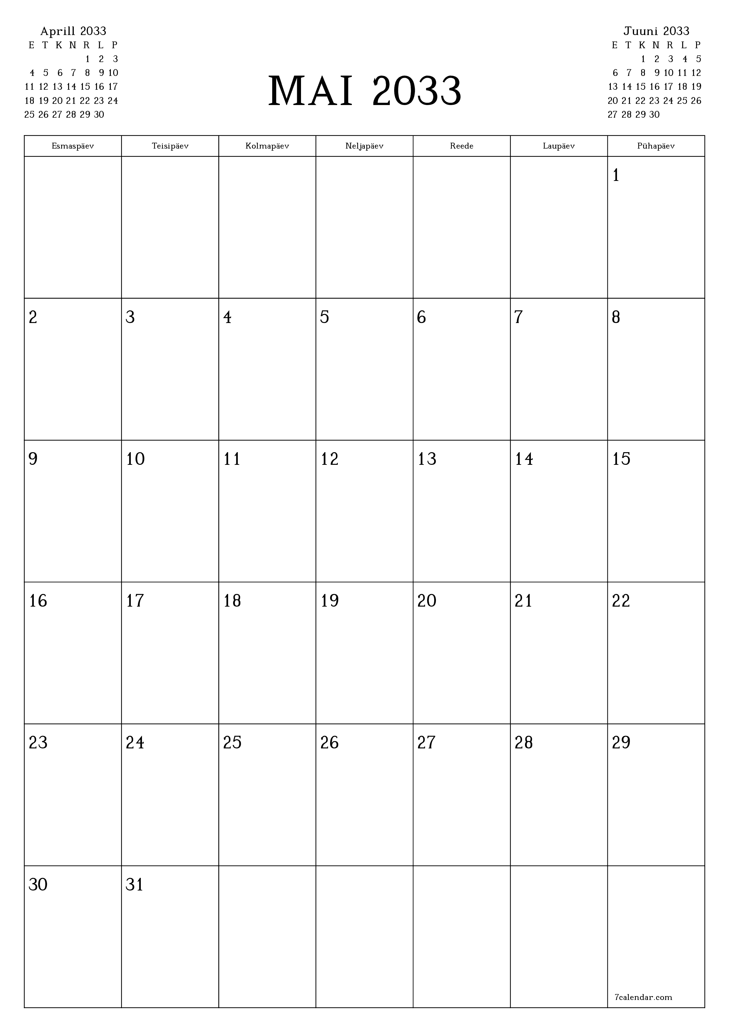 prinditav seina kalendri mall tasuta vertikaalne Igakuine planeerija kalender Mai (Mai) 2033