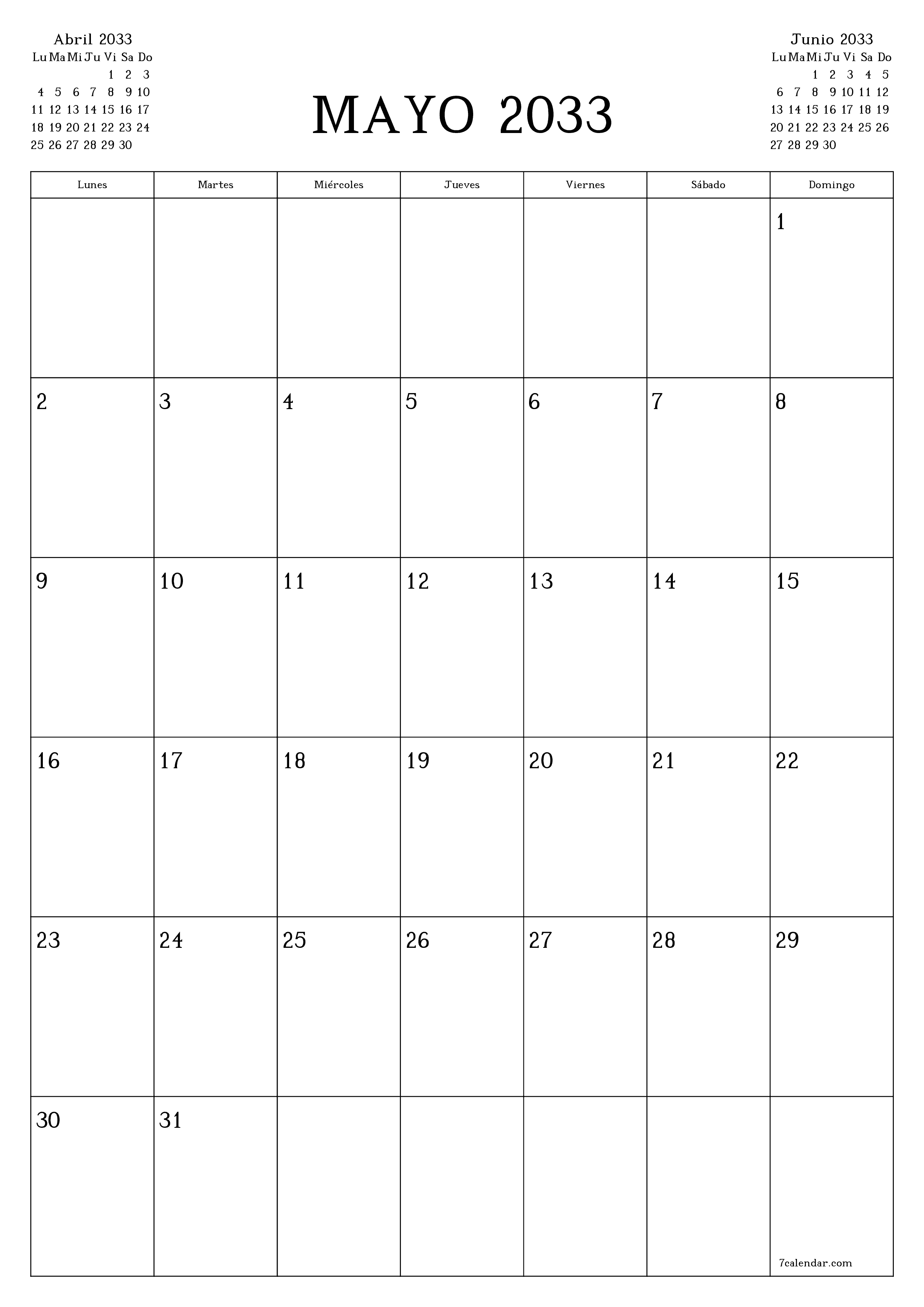  imprimible de pared plantilla de gratisvertical Mensual planificador calendario Mayo (May) 2033