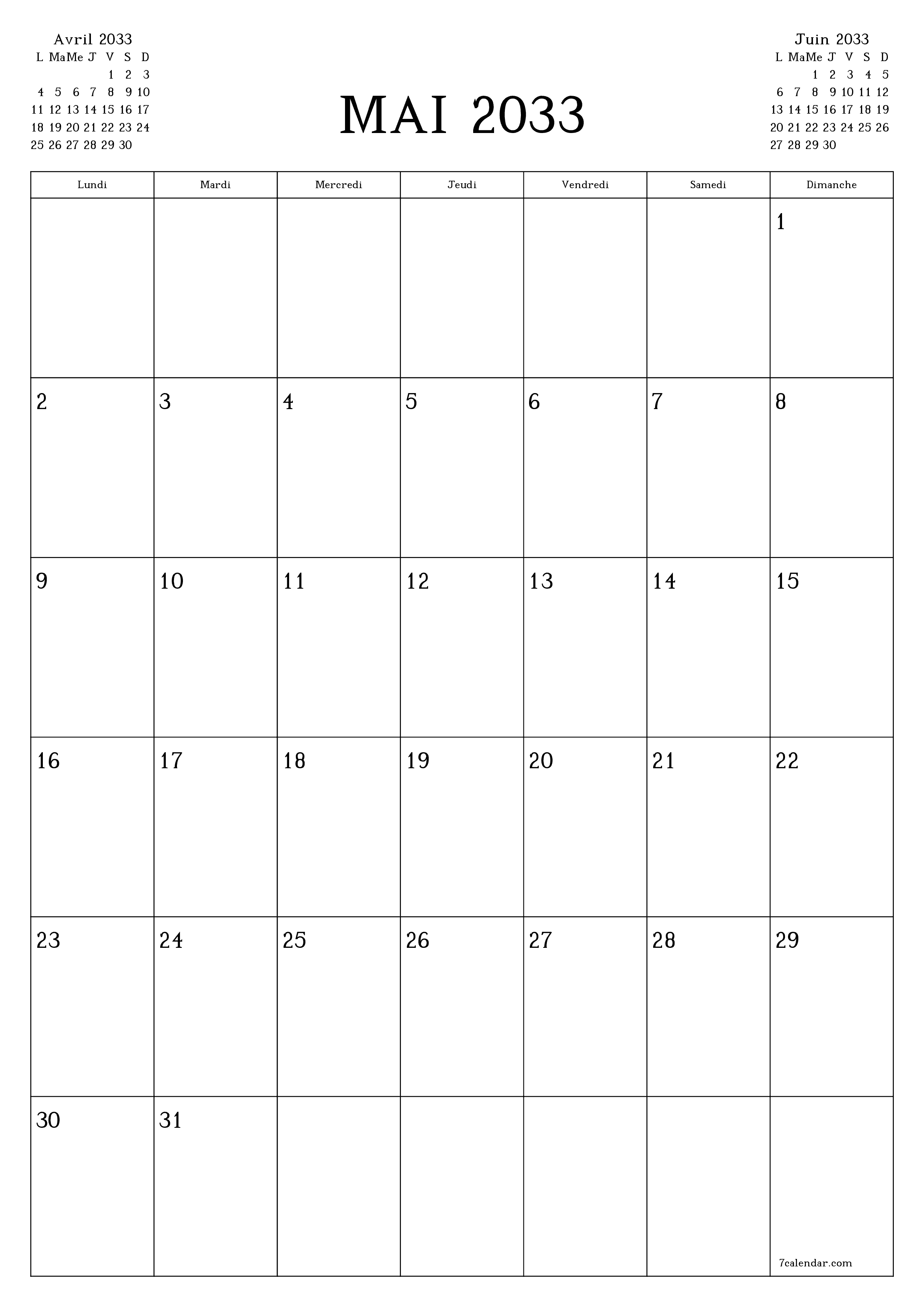  imprimable mural modèle de gratuitverticale Mensuel planificateur calendrier Mai (Mai) 2033