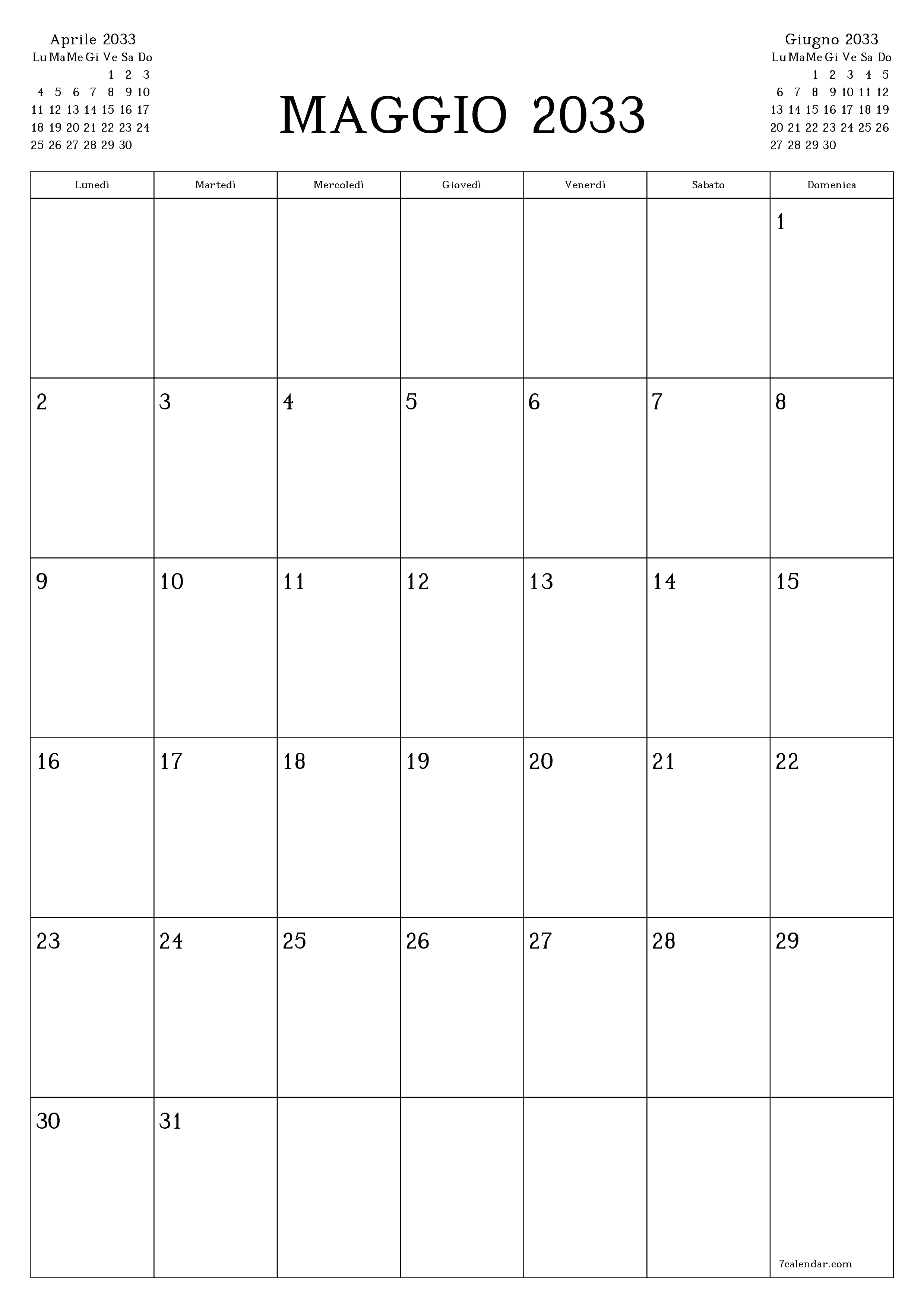 stampabile da parete modello di gratuitoverticale Mensile pianificatore calendario Maggio (Mag) 2033