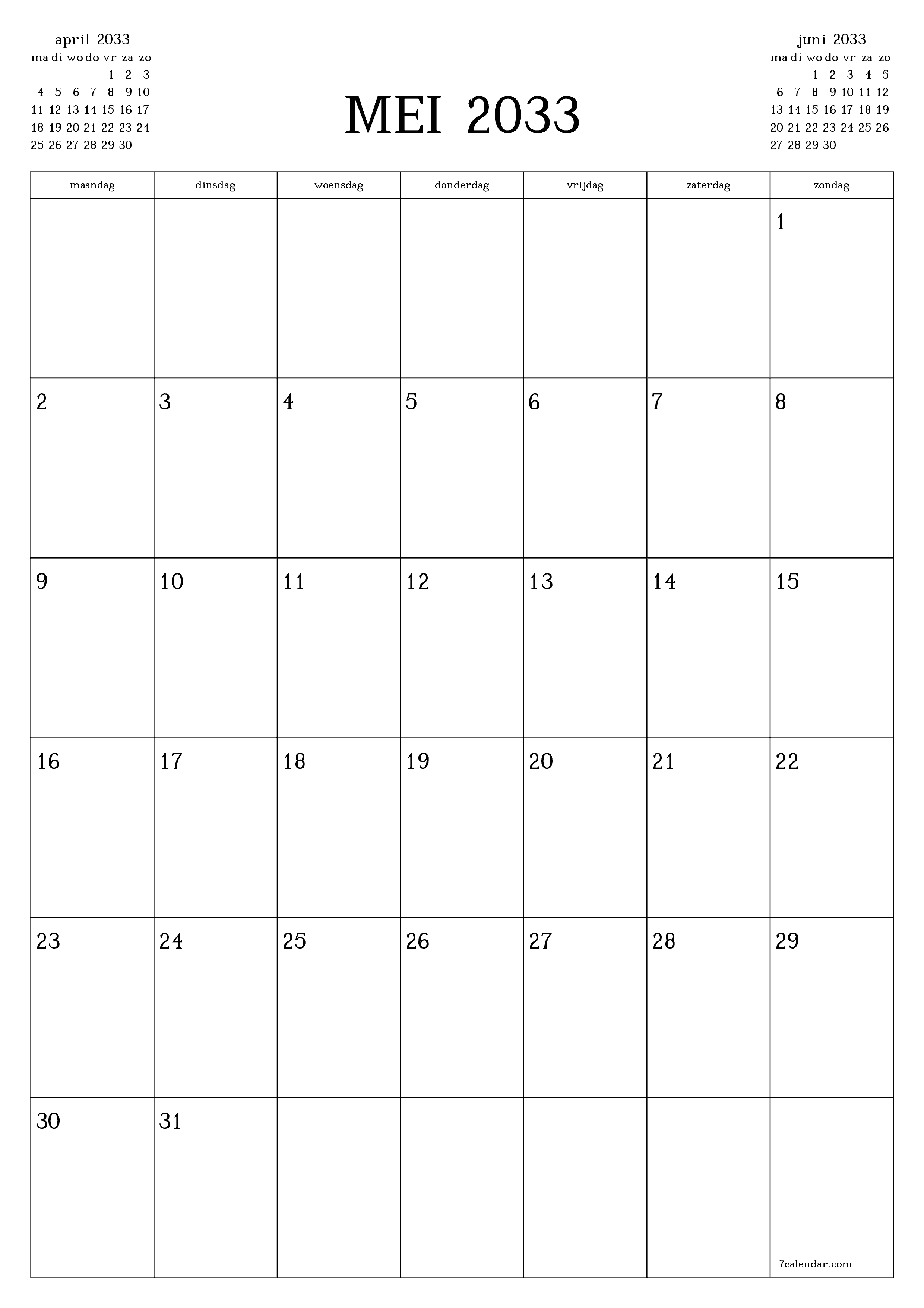 afdrukbare muur sjabloon gratis verticaal Maandelijks planner kalender mei (mei) 2033