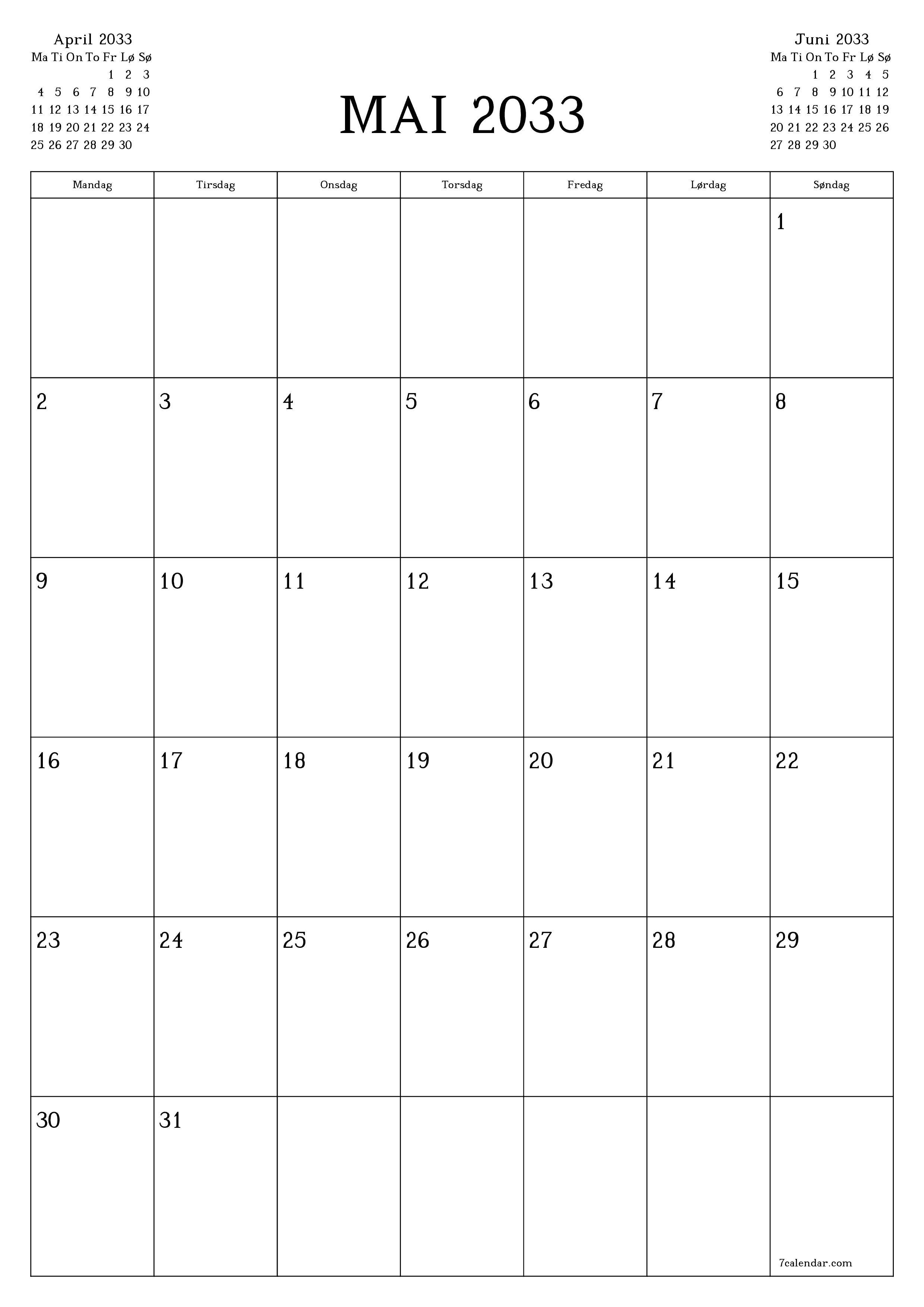 utskrivbar vegg mal gratis vertikal Månedlig planlegger kalender Mai (Mai) 2033