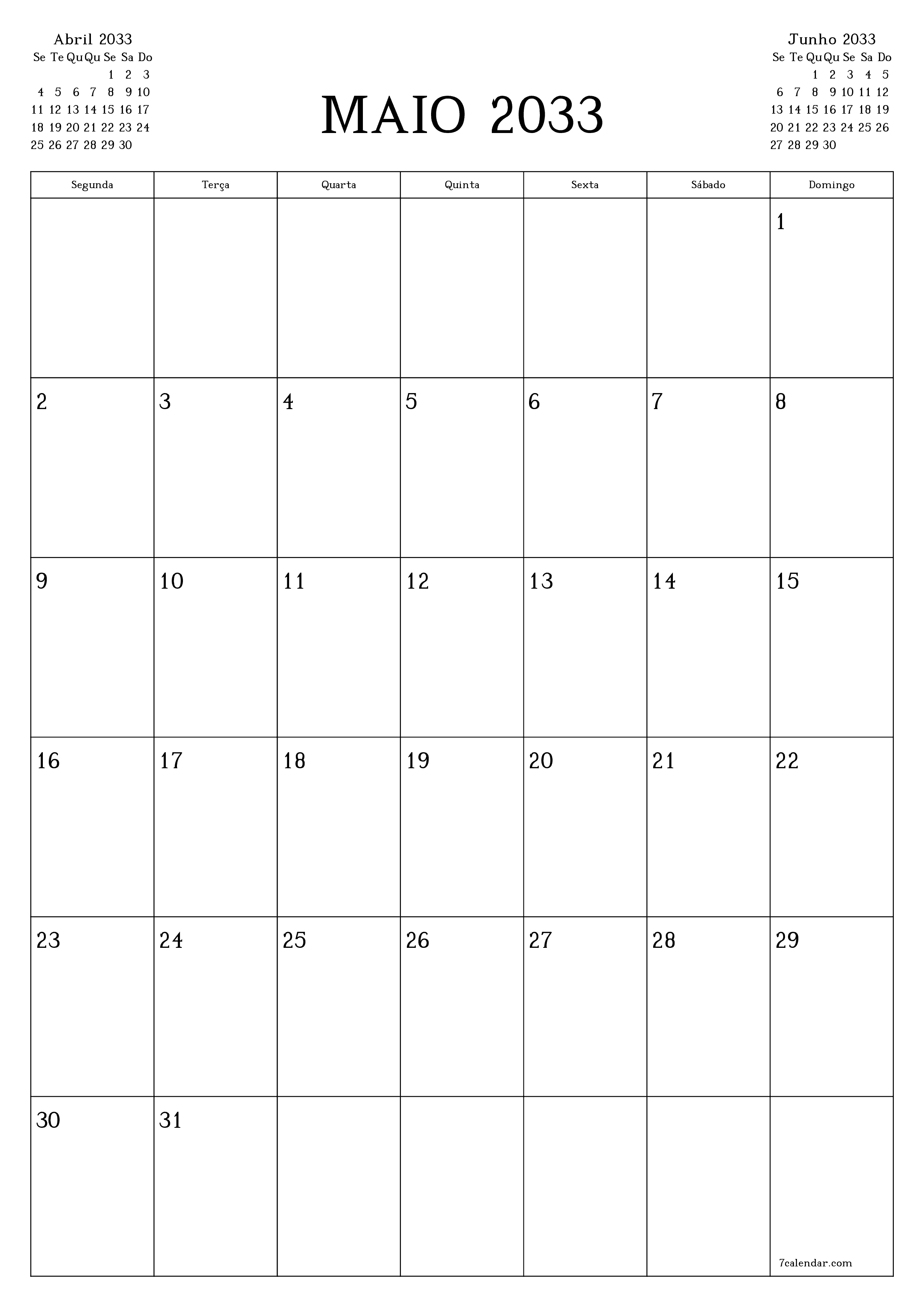  para impressão de parede modelo de grátisvertical Mensal planejador calendário Maio (Mai) 2033