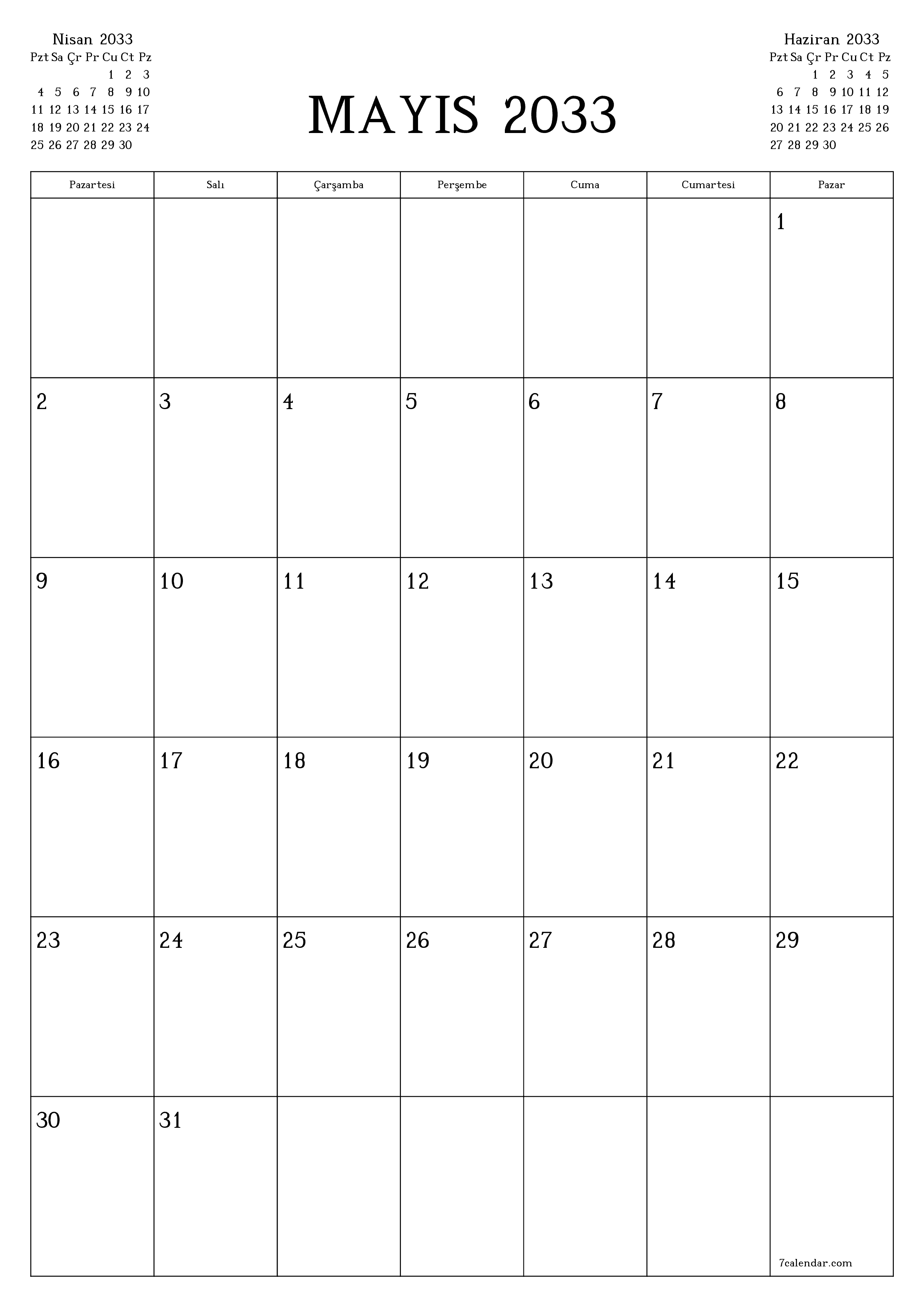 yazdırılabilir duvar i şablonu ücretsiz dikey Aylık planlayıcı takvim Mayıs (May) 2033