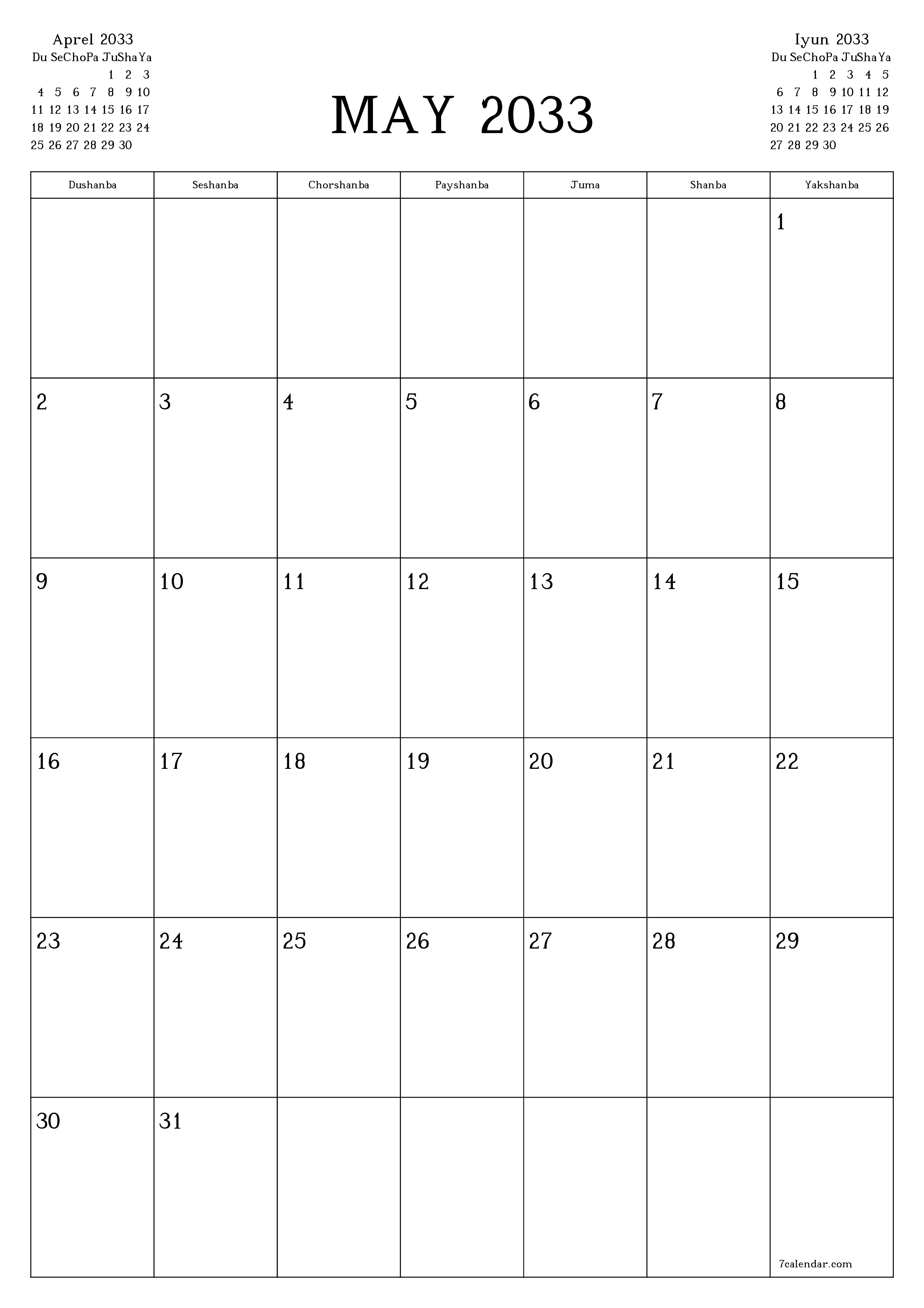 chop etiladigan devor taqvimi shabloni bepul vertikal Oylik rejalashtiruvchi kalendar May (May) 2033
