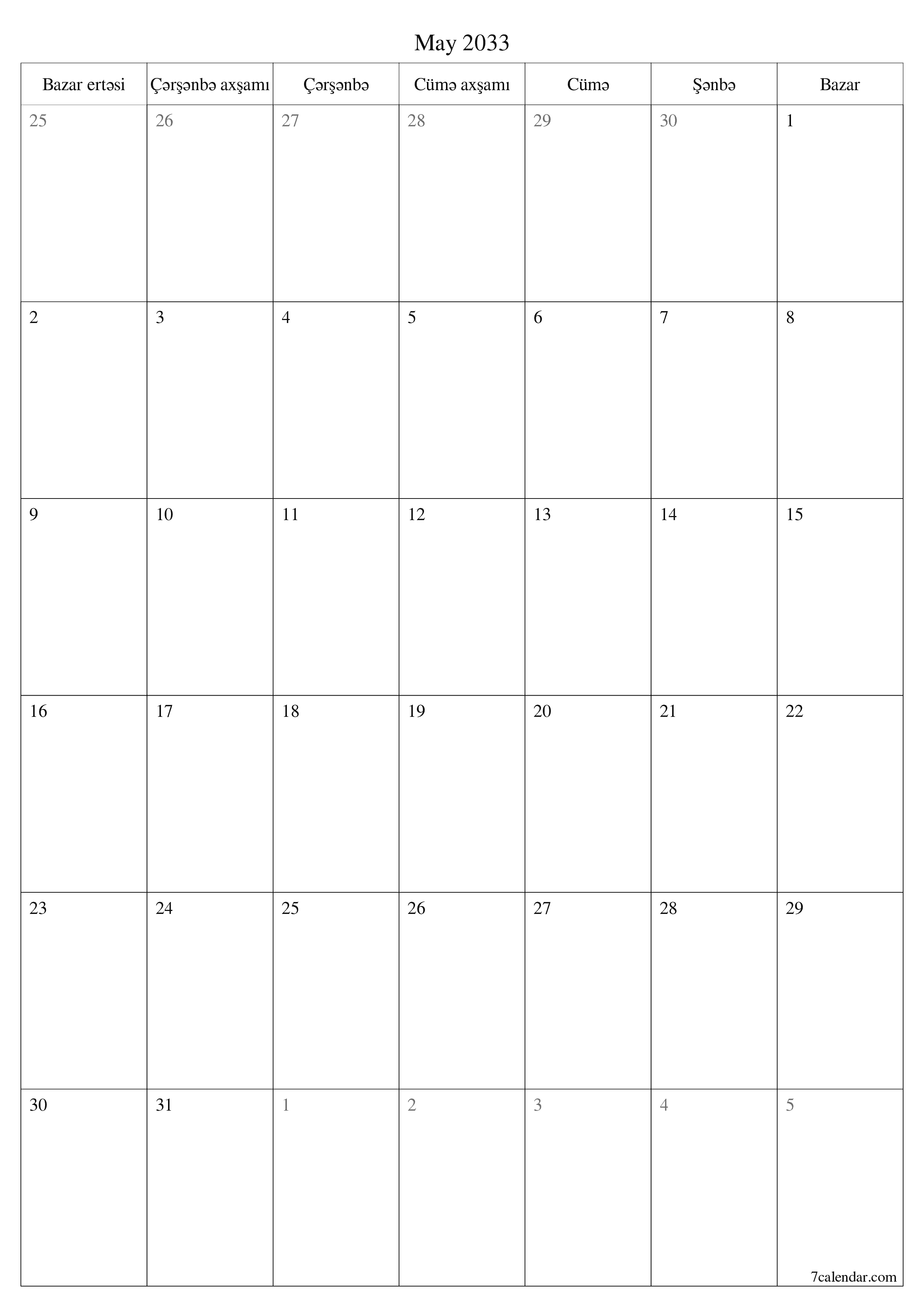 çap edilə bilən divar i şablonu pulsuz şaquli Aylıq planlaşdırıcı təqvim May (May) 2033