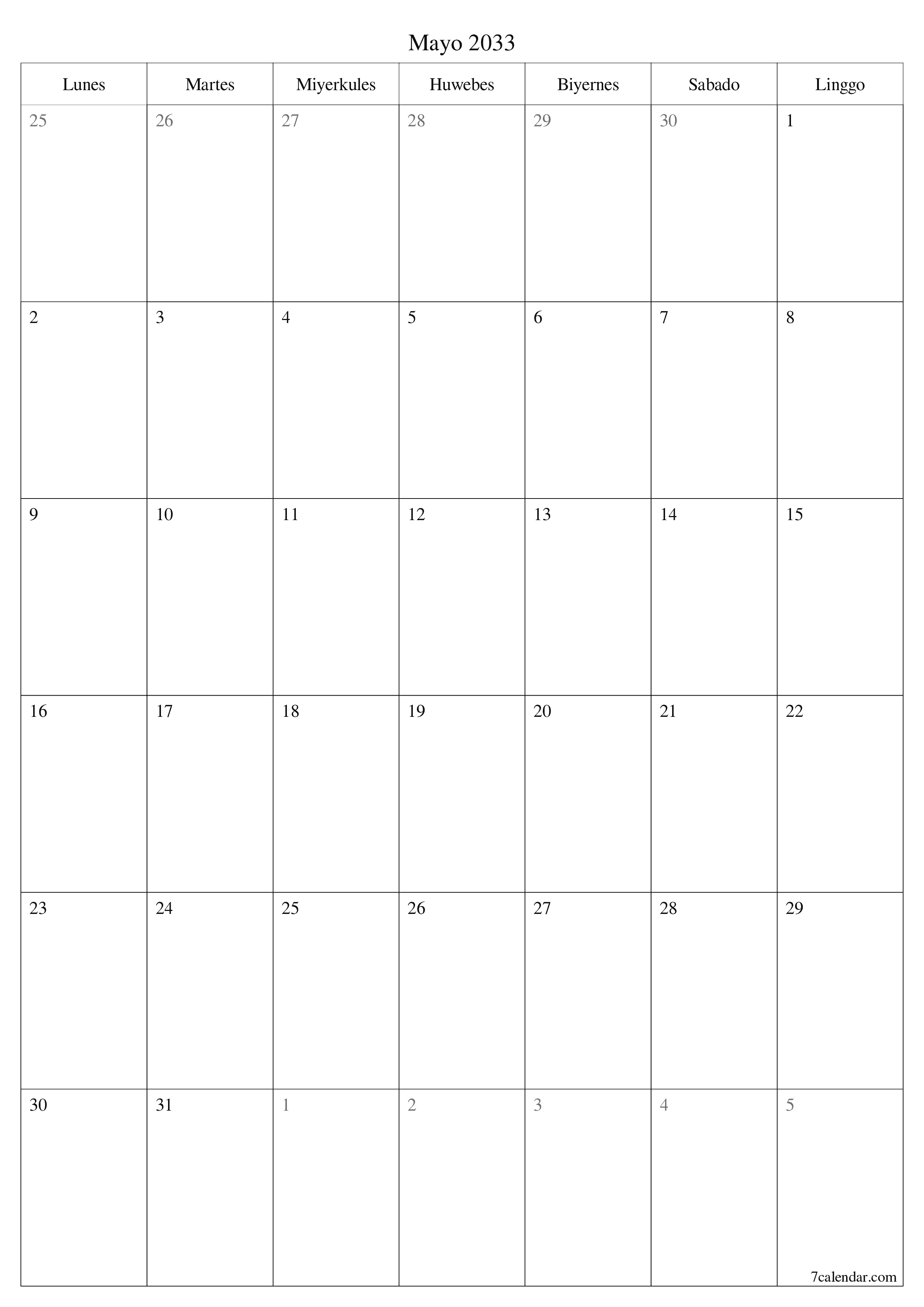 napi-print na sa dingding template ng libreng patayo Buwanang tagaplano kalendaryo Mayo (May) 2033