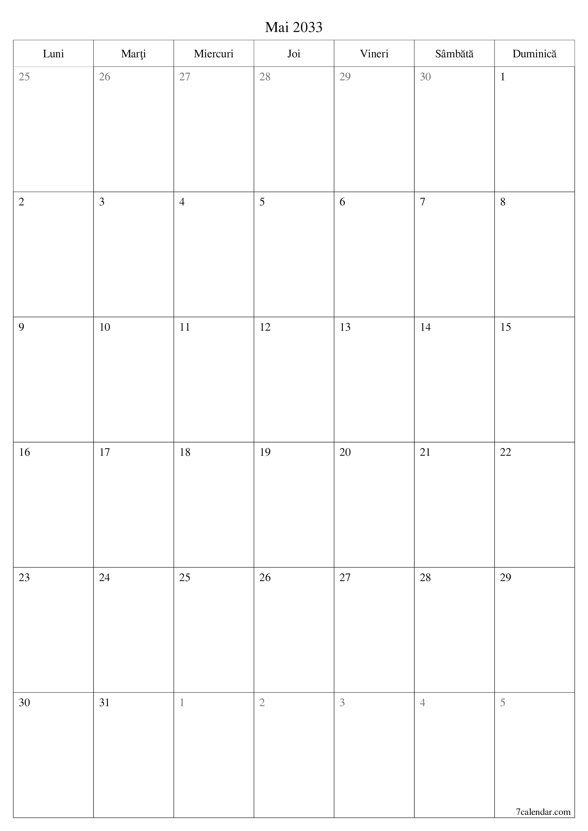  imprimabil de perete șablon de gratuitvertical Lunar planificator calendar Mai (Mai) 2033