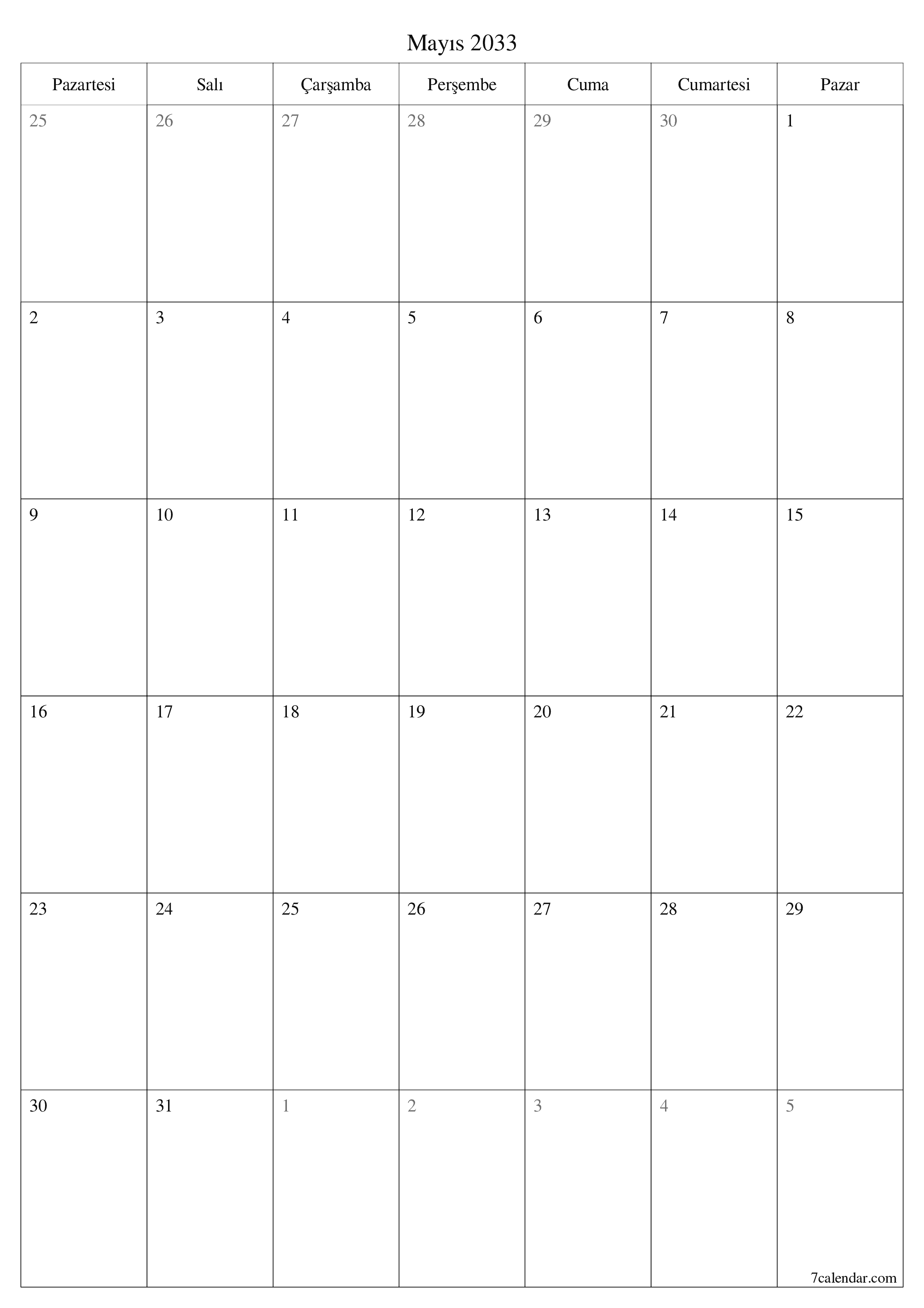 yazdırılabilir duvar i şablonu ücretsiz dikey Aylık planlayıcı takvim Mayıs (May) 2033