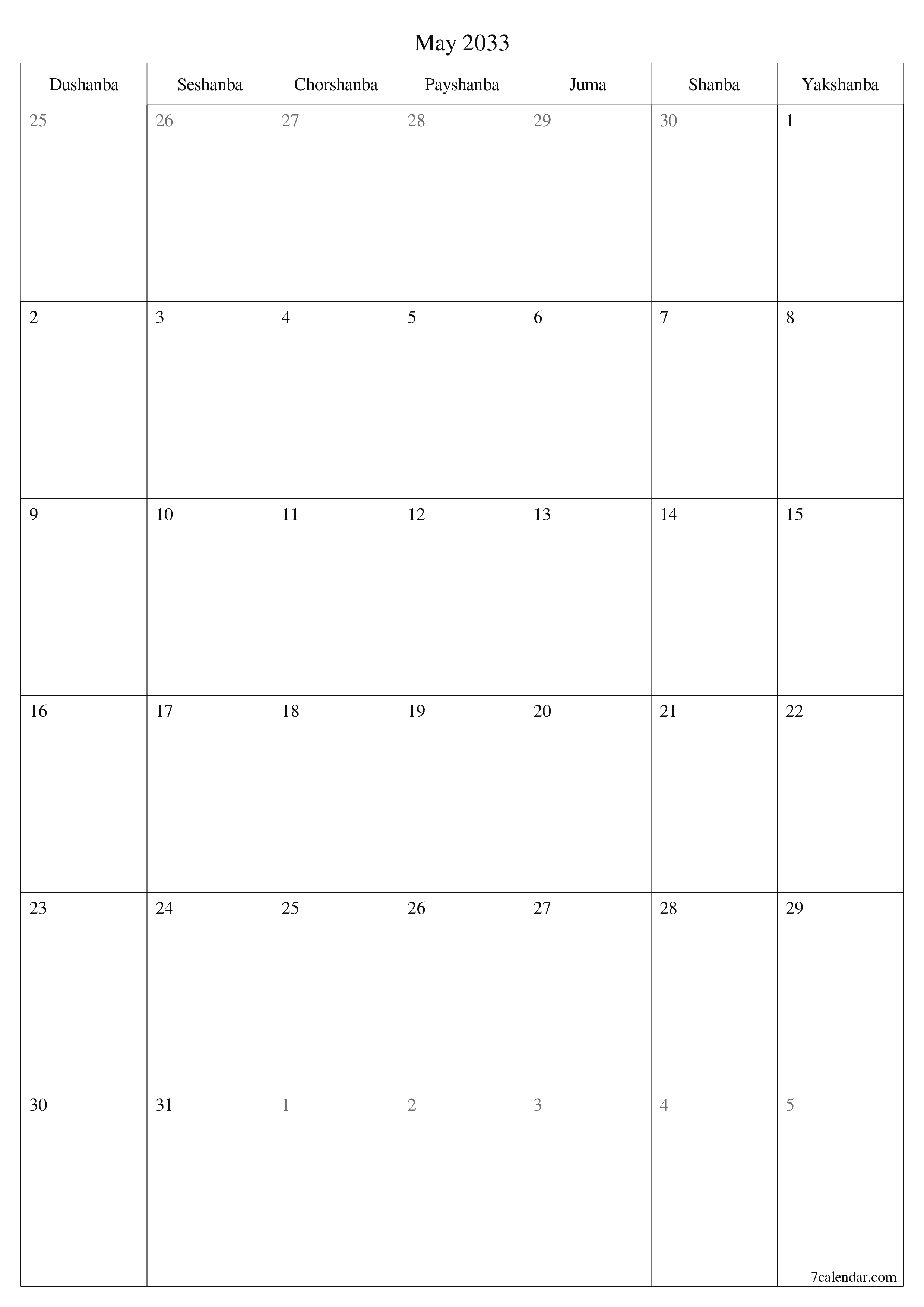 chop etiladigan devor taqvimi shabloni bepul vertikal Oylik rejalashtiruvchi kalendar May (May) 2033
