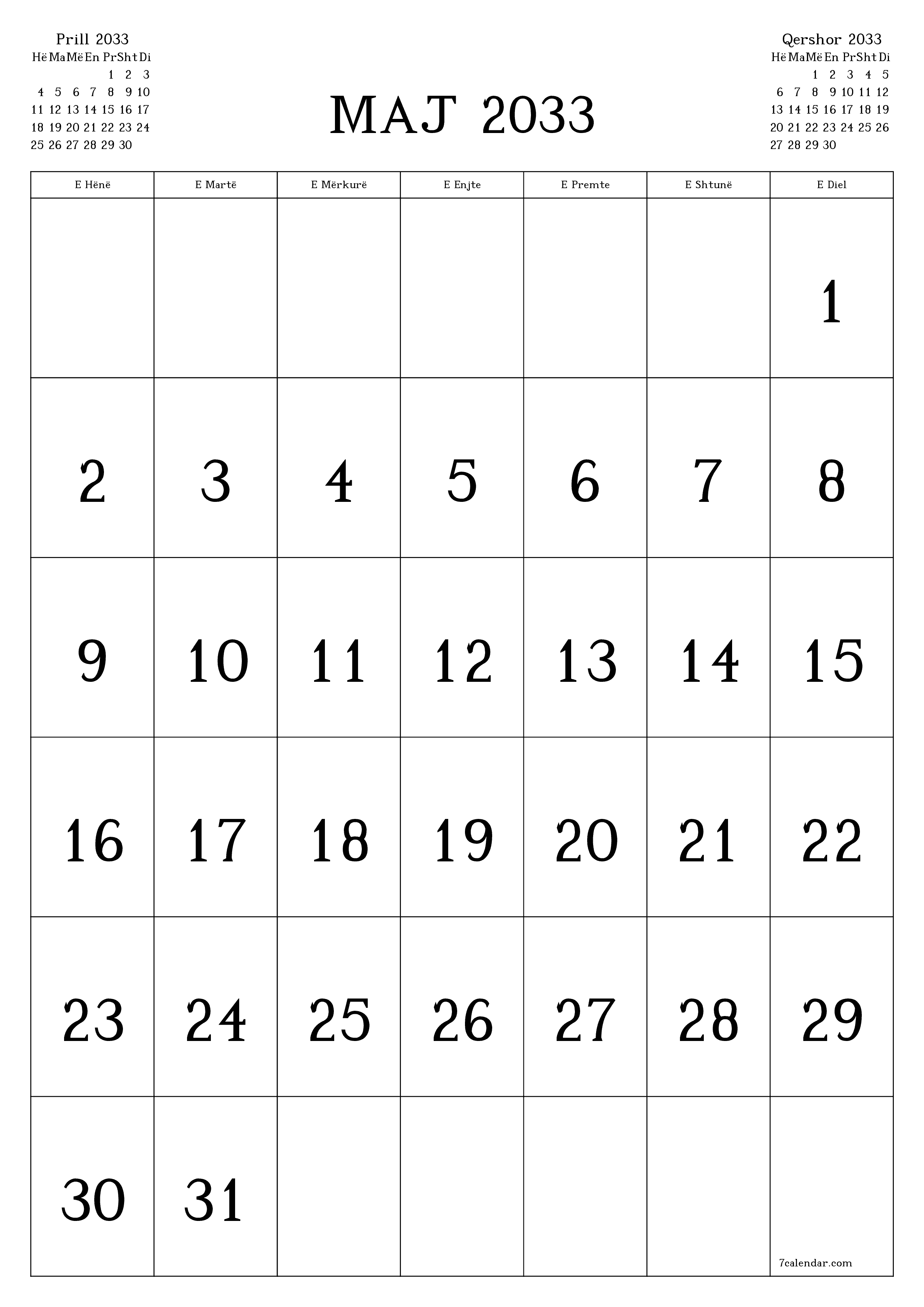  i printueshëm muri shabllon falasvertikale mujore kalendar Maj (Maj) 2033