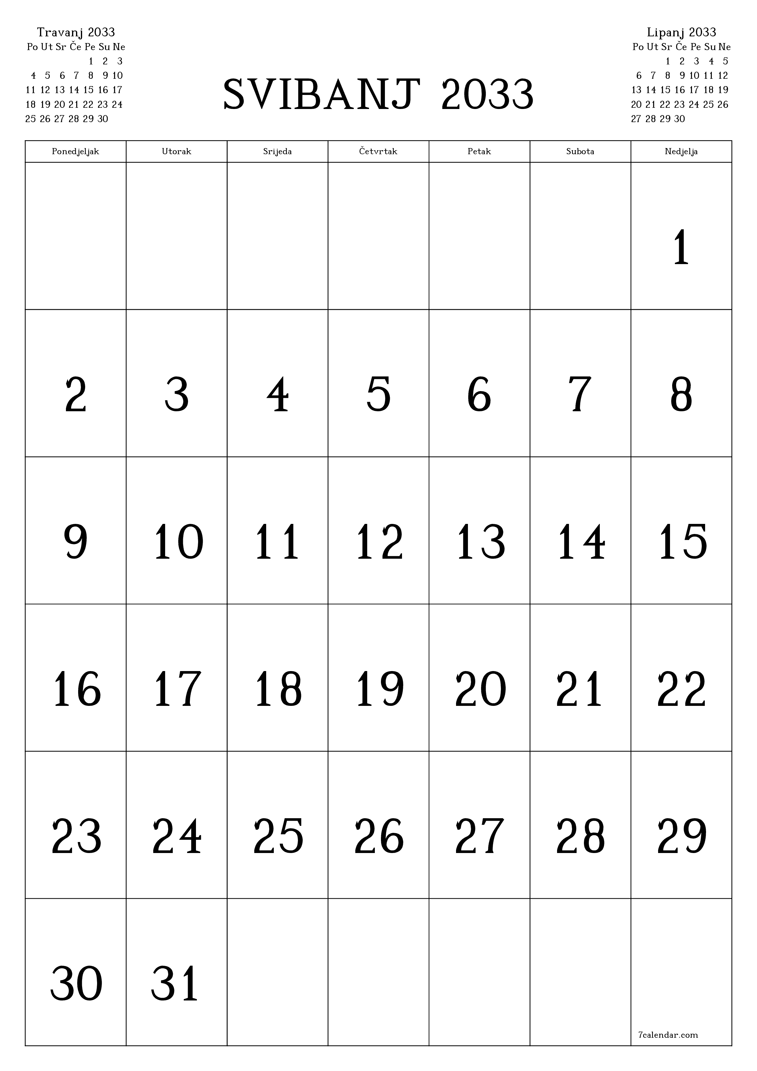  za ispis zidni predložak a besplatni okomito Mjesečni kalendar Svibanj (Svi) 2033